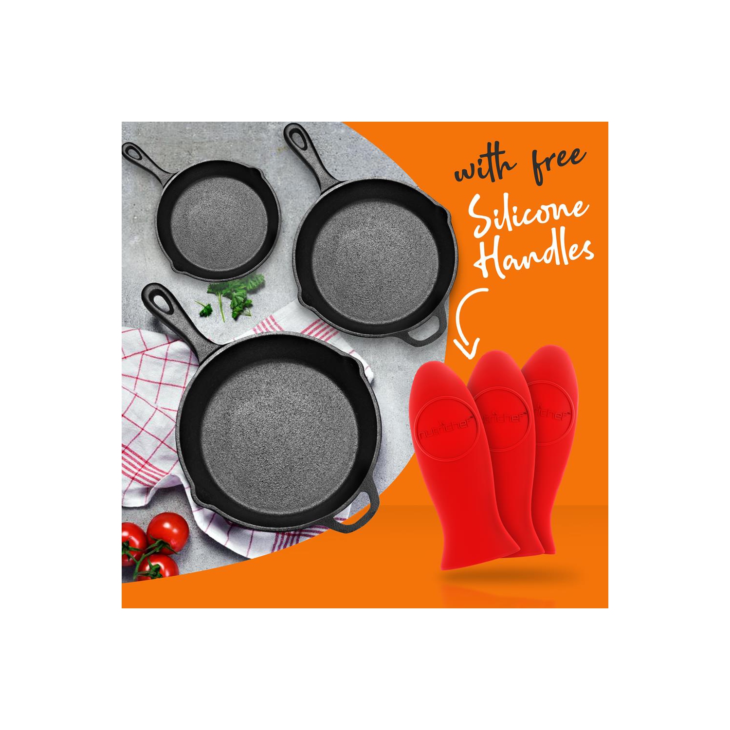 Kitchen Skillet Pans - Pre-Seasoned Iron Skillet Cooking Pan Set with Cool Touch Comfort Handles