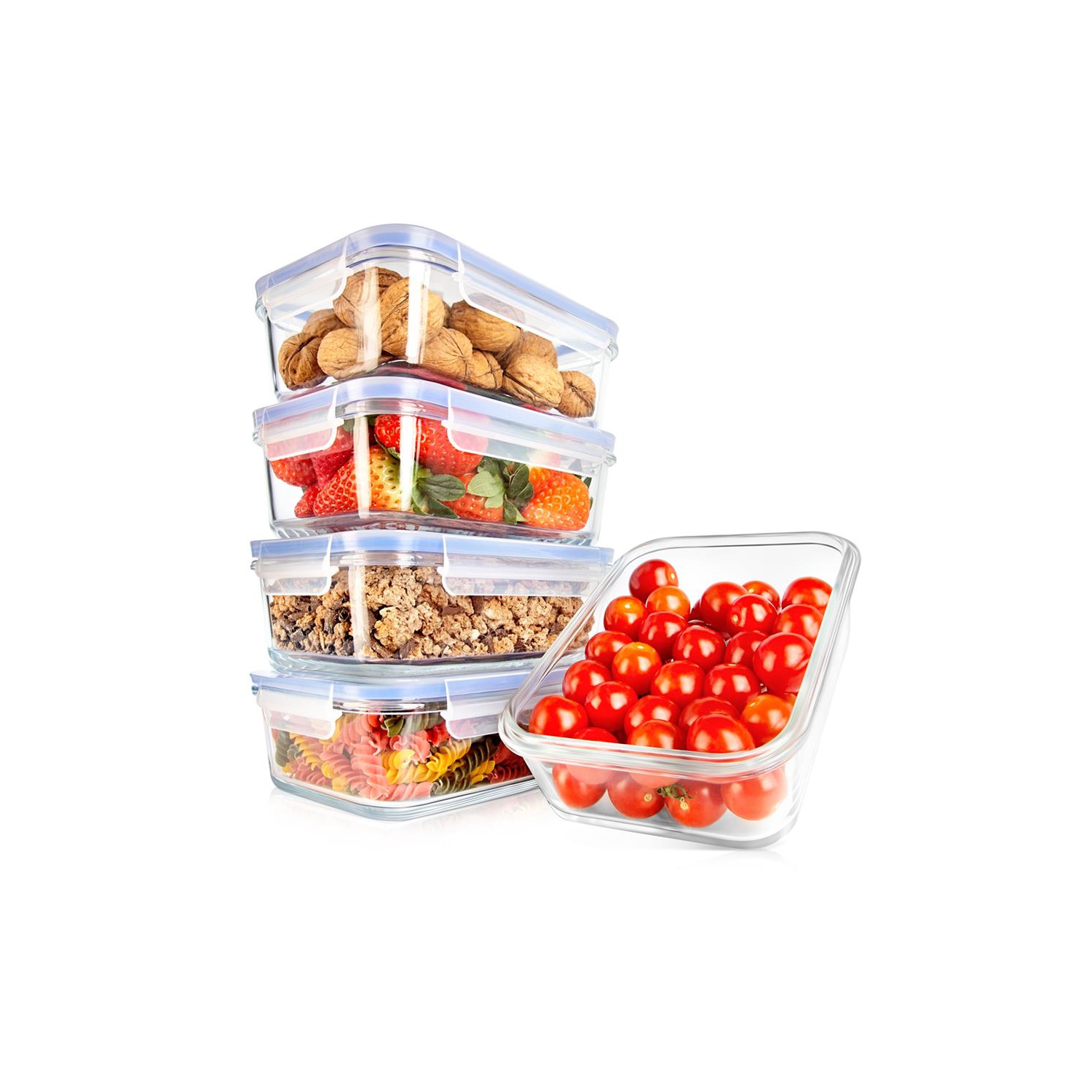 10-Piece Superior Glass Food Storage Containers Set - Stackable Design, Newly BPA-free Airtight Clear Locking lids with Vent Lids & Blue Air Hole