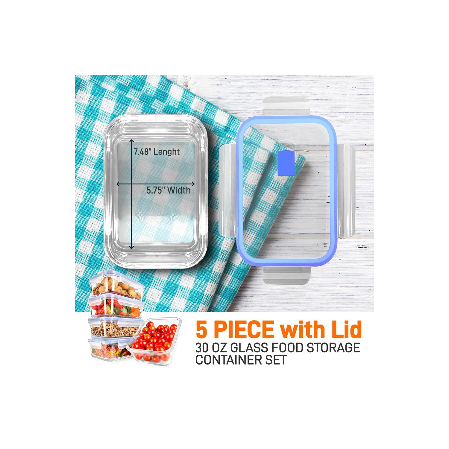 10-Piece Superior Glass Food Storage Containers Set - Stackable Design, Newly BPA-free Airtight Clear Locking lids with Vent Lids & Blue Air Hole