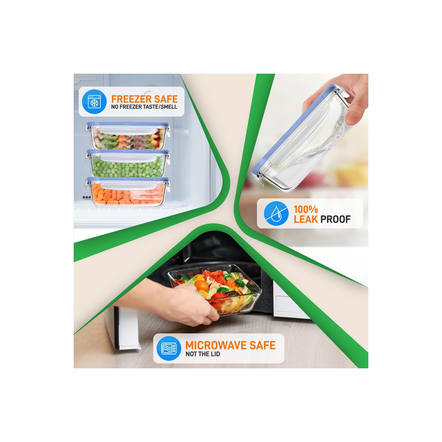 10-Piece Superior Glass Food Storage Containers Set - Stackable Design, Newly BPA-free Airtight Clear Locking lids with Vent Lids & Blue Air Hole