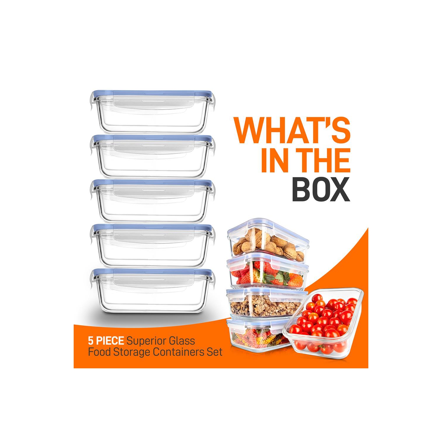 10-Piece Superior Glass Food Storage Containers Set - Stackable Design, Newly BPA-free Airtight Clear Locking lids with Vent Lids & Blue Air Hole