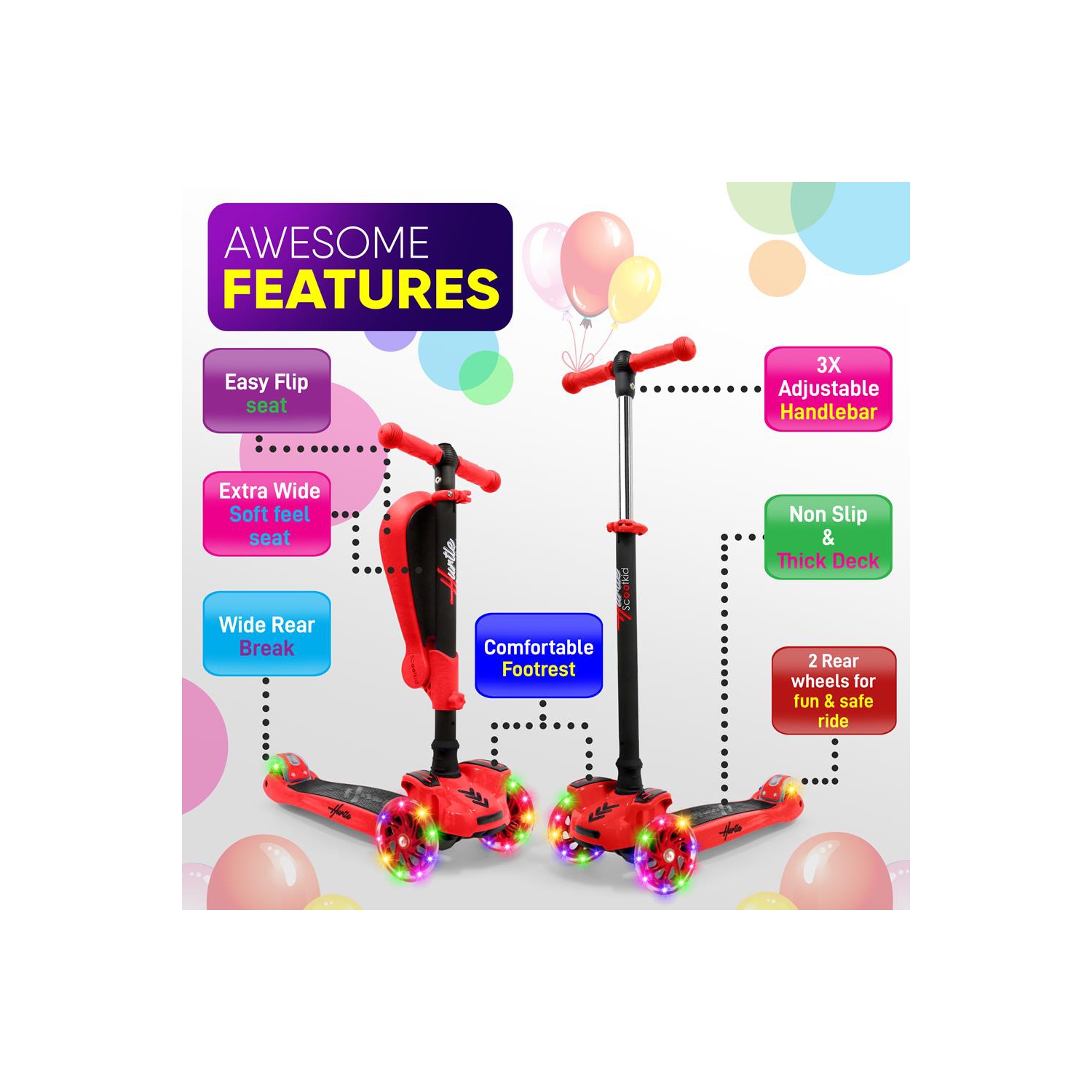 ScootKid 3-Wheel Kids Scooter - Child & Toddler Toy Scooter with Built-in LED Wheel Lights, Fold-Out Comfort Seat (Red)