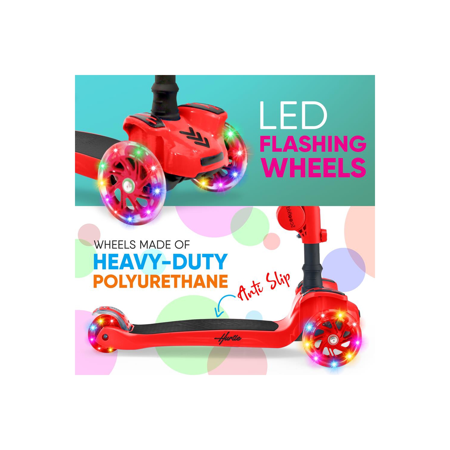 ScootKid 3-Wheel Kids Scooter - Child & Toddler Toy Scooter with Built-in LED Wheel Lights, Fold-Out Comfort Seat (Red)