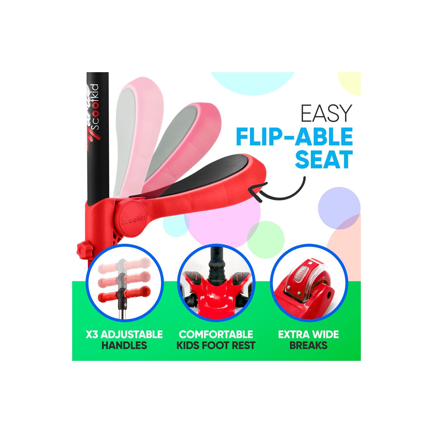 ScootKid 3-Wheel Kids Scooter - Child & Toddler Toy Scooter with Built-in LED Wheel Lights, Fold-Out Comfort Seat (Red)