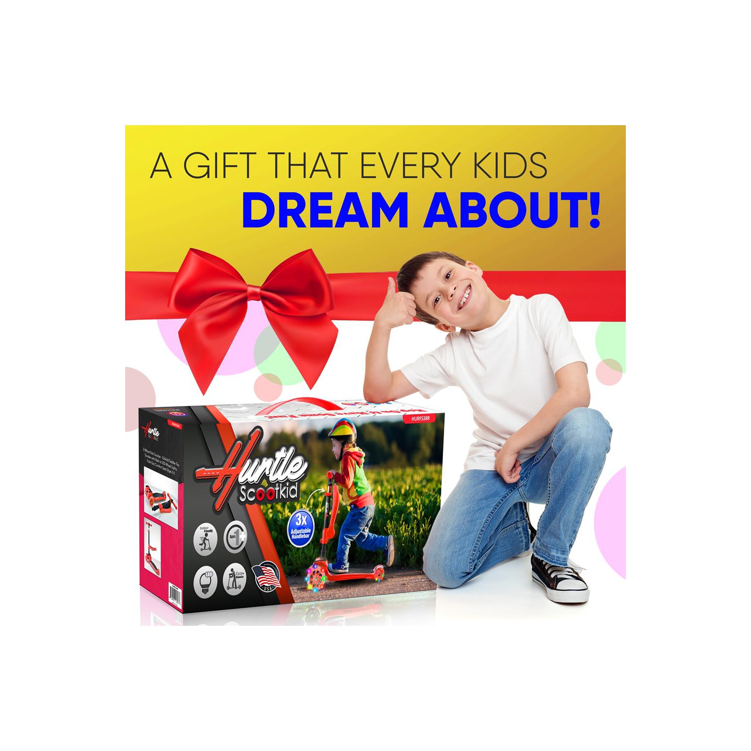 ScootKid 3-Wheel Kids Scooter - Child & Toddler Toy Scooter with Built-in LED Wheel Lights, Fold-Out Comfort Seat (Red)