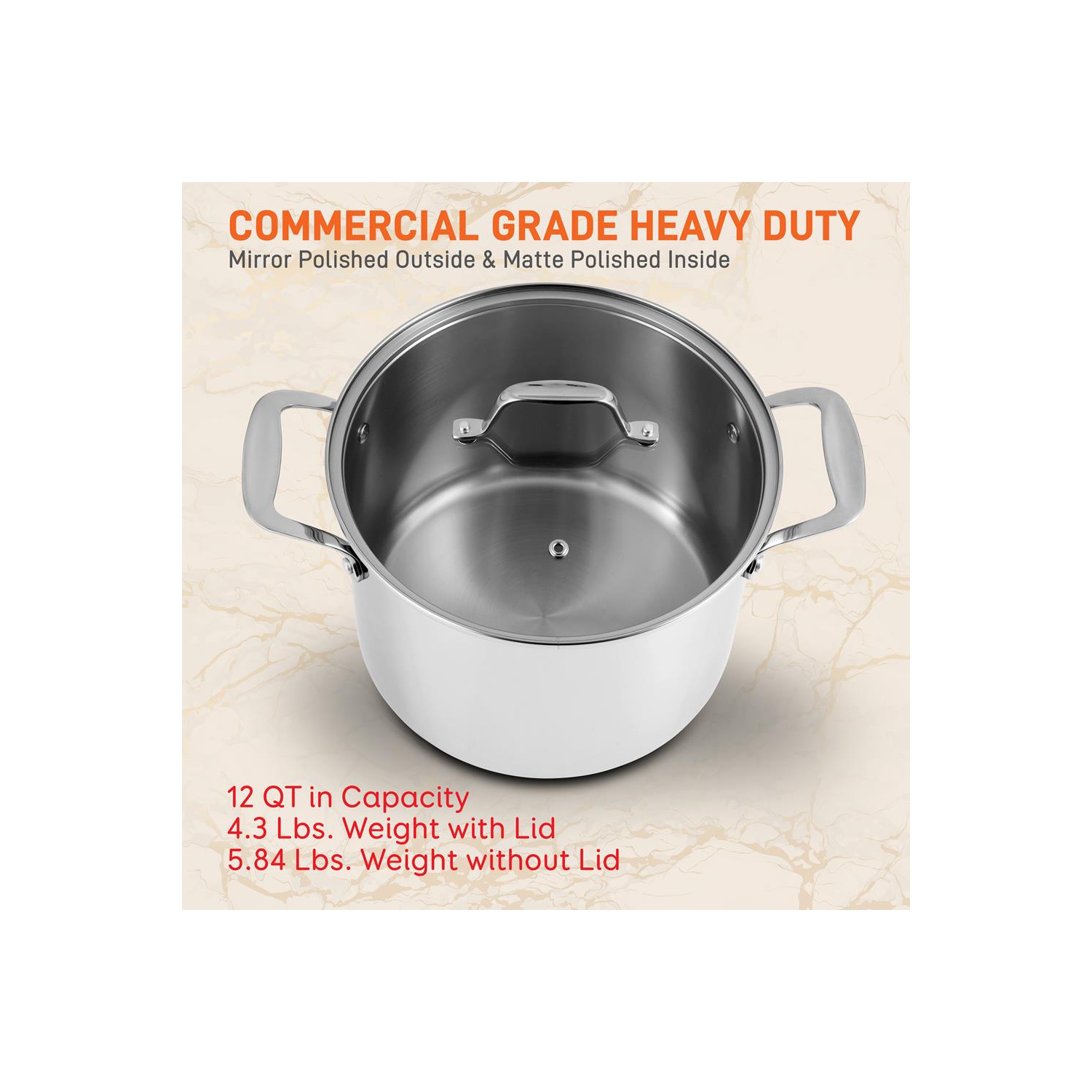 Stainless Steel Cookware Stockpot - 12 Quart, Heavy Duty Induction Pot, Soup Pot With Lid