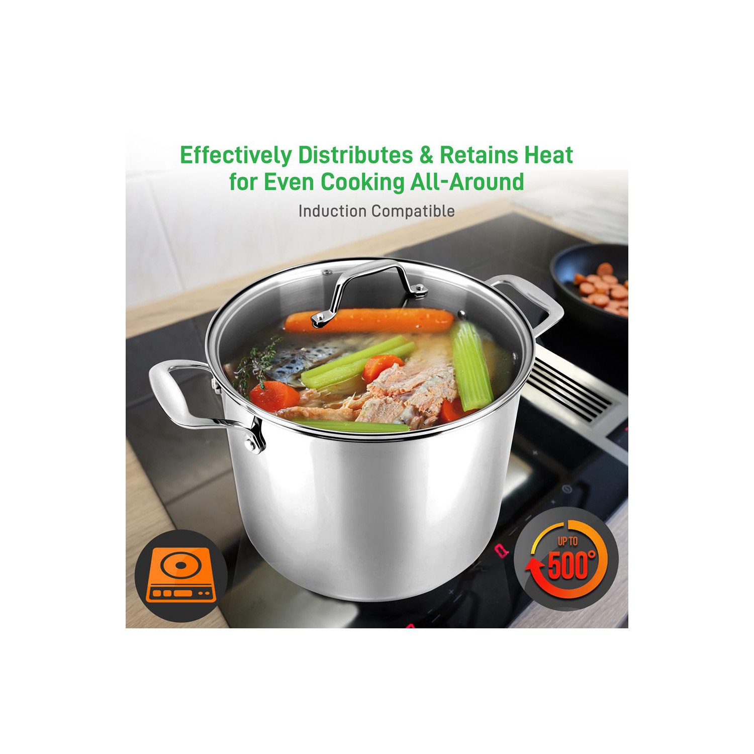 Stainless Steel Cookware Stockpot - 12 Quart, Heavy Duty Induction Pot, Soup Pot With Lid