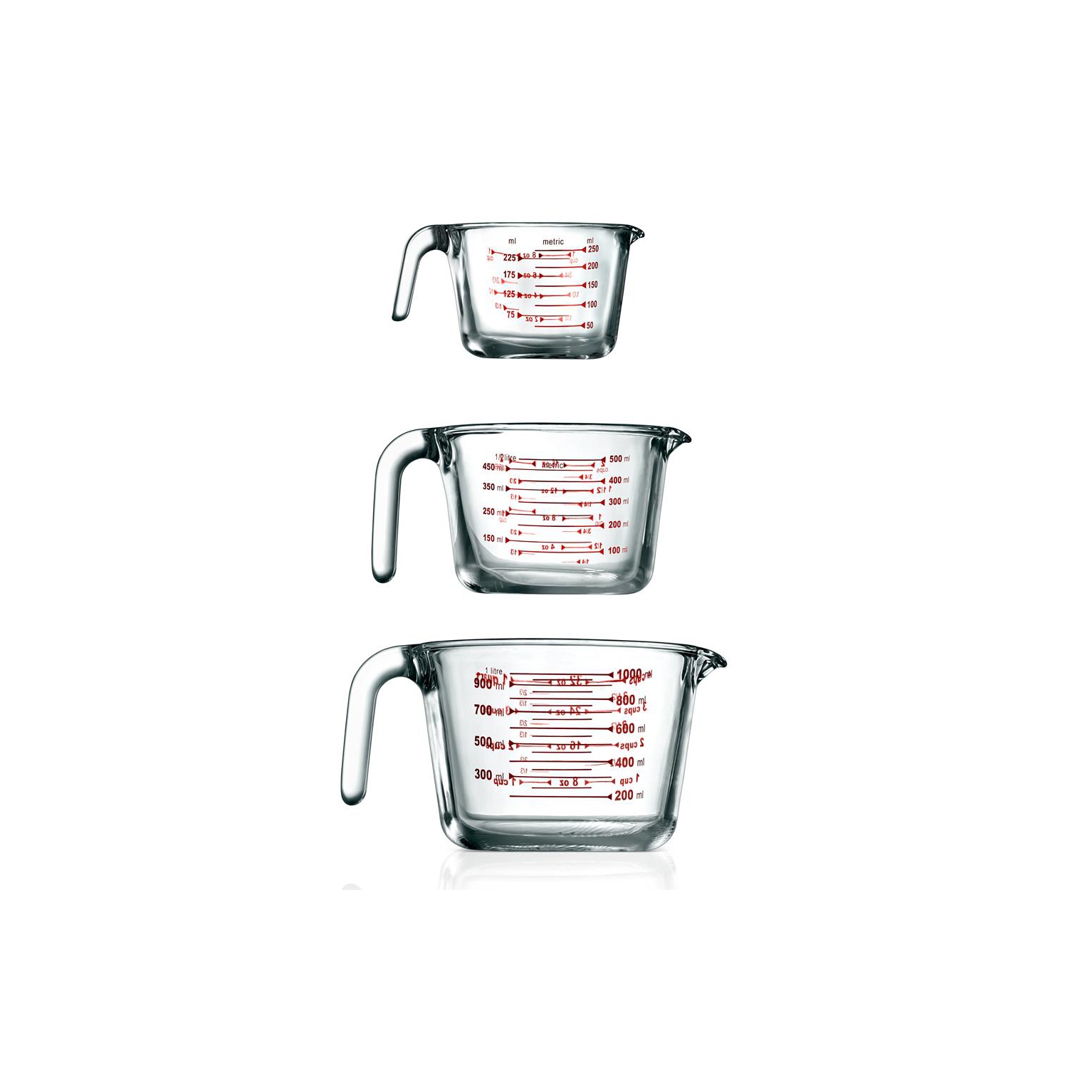 3 Pcs. High Borosilicate Glass Measuring Cup with Customized Decal Scale, 250 ml, 500ml, and 1000ml