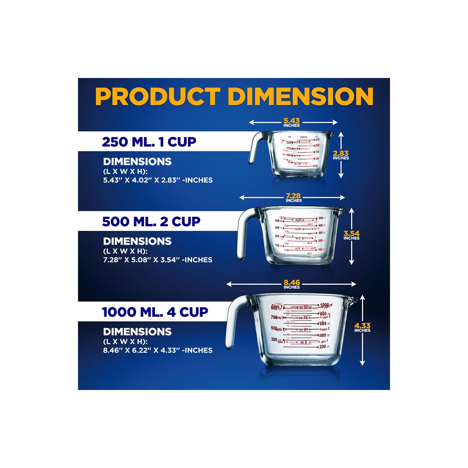 3 Pcs. High Borosilicate Glass Measuring Cup with Customized Decal Scale, 250 ml, 500ml, and 1000ml
