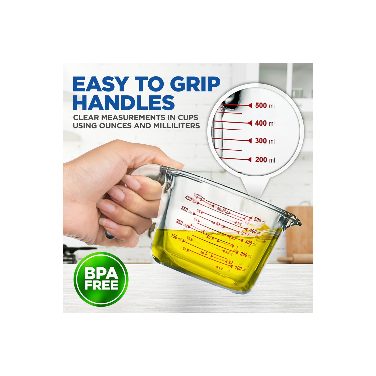 3 Pcs. High Borosilicate Glass Measuring Cup with Customized Decal Scale, 250 ml, 500ml, and 1000ml