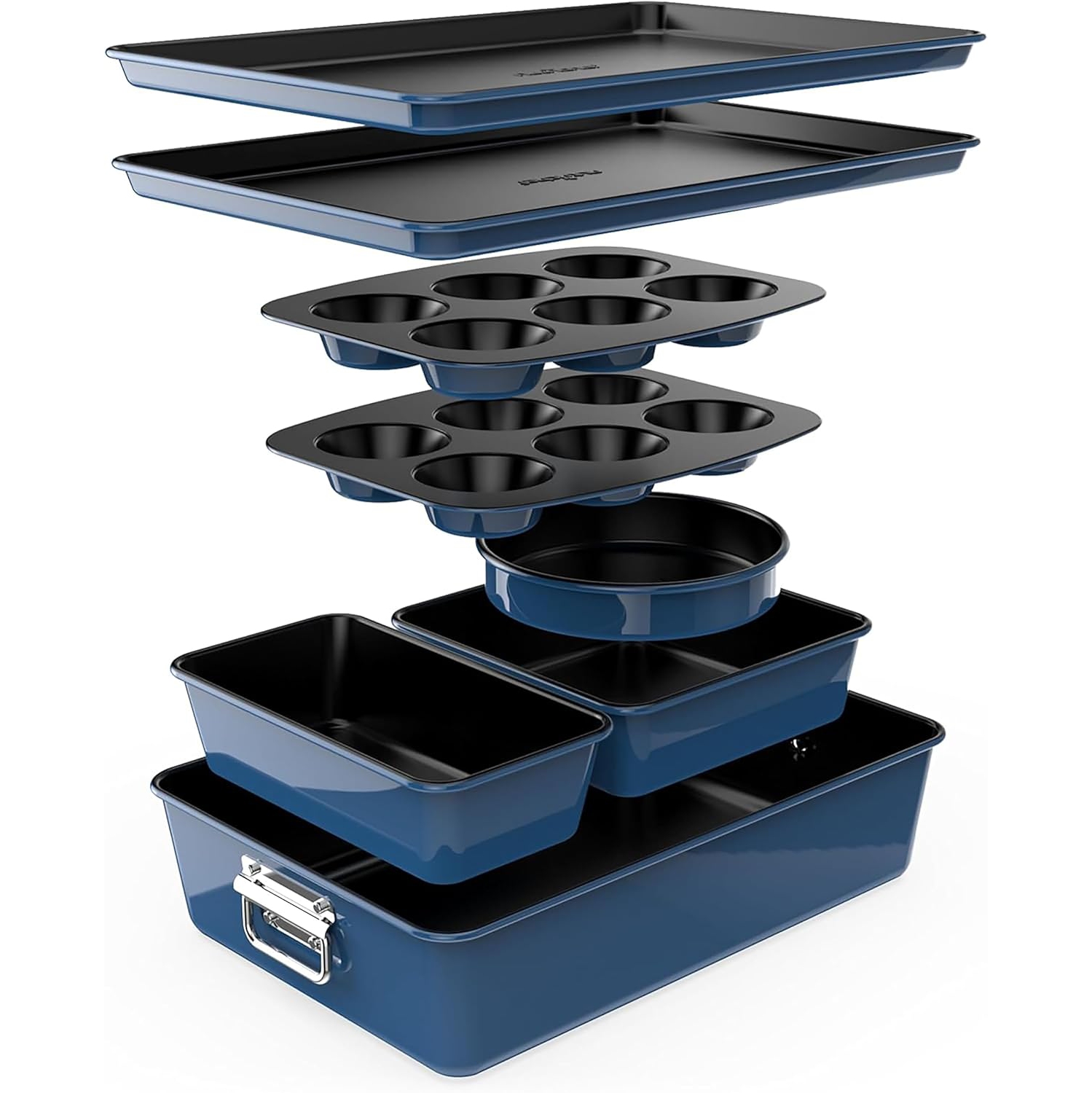 NutriChef 8-Piece Nonstick Stackable Bakeware Set - PFOA, PFOS, PTFE Free Baking Tray Set w/Non-Stick Coating, 450°F Oven Safe, Round Cake, Loaf,