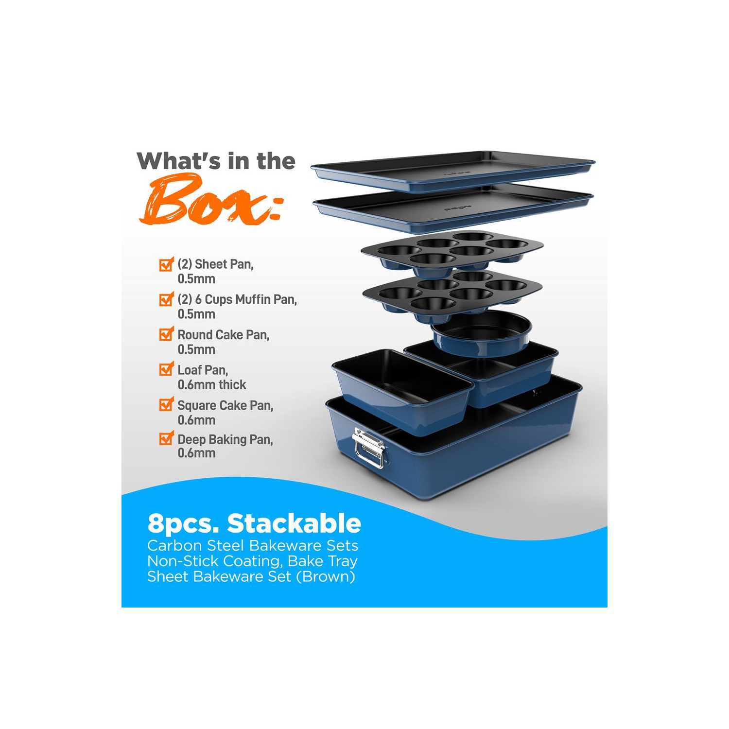 NutriChef 8-Piece Nonstick Stackable Bakeware Set - PFOA, PFOS, PTFE Free Baking Tray Set w/Non-Stick Coating, 450°F Oven Safe, Round Cake, Loaf,