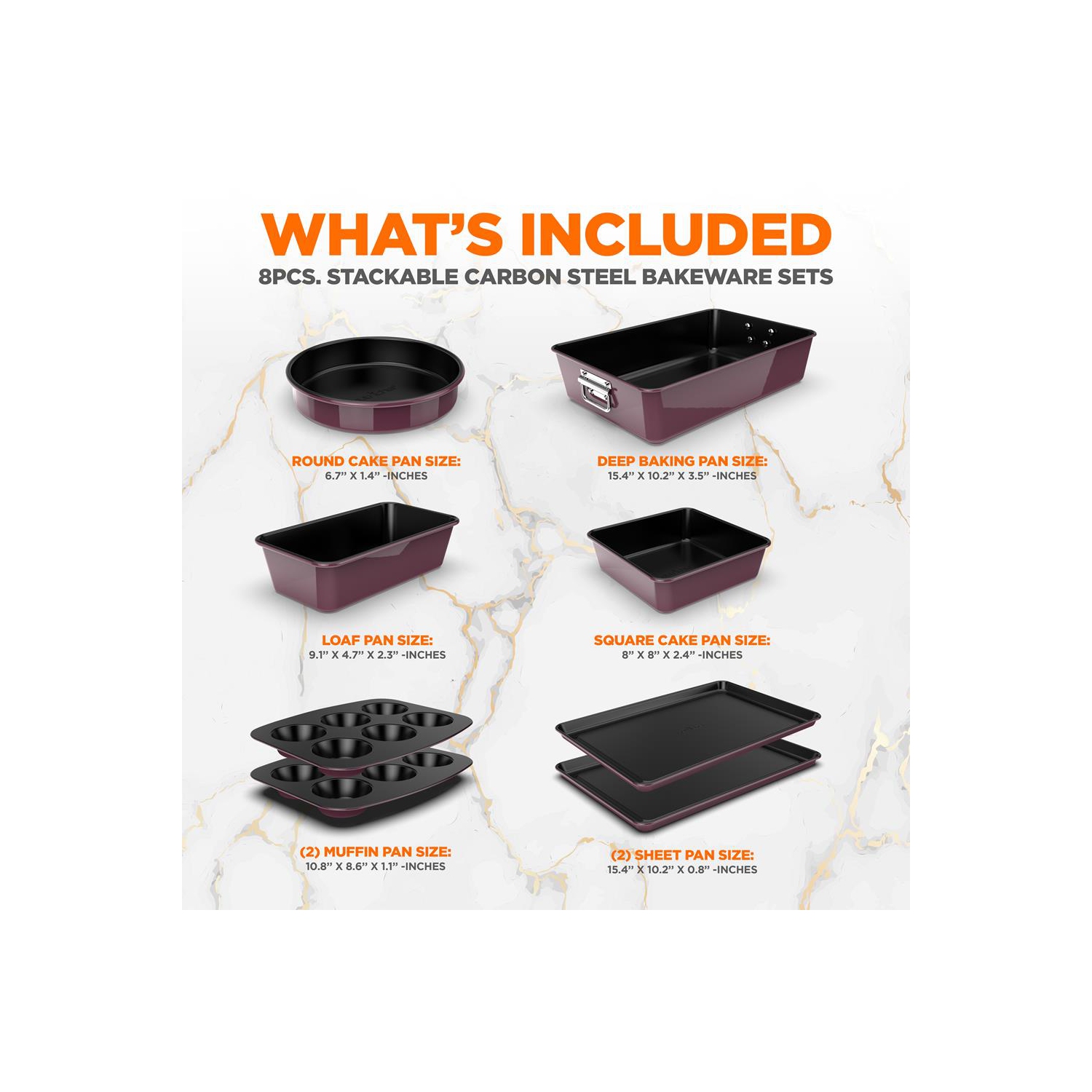 8pcs. Stackable Carbon Steel Bakeware Sets - Non-Stick Coating, Bake Tray Sheet Bakeware Set