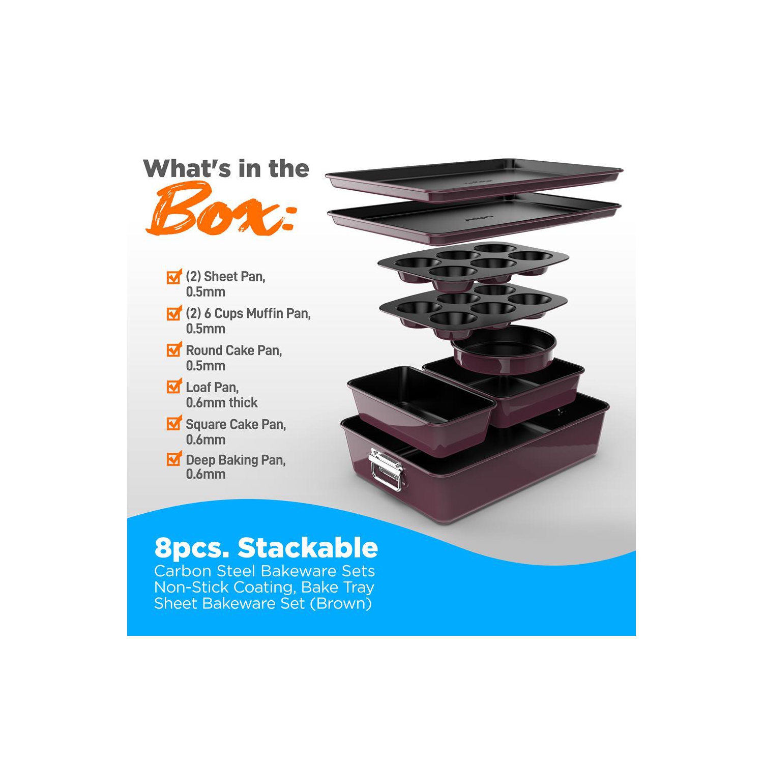 8pcs. Stackable Carbon Steel Bakeware Sets - Non-Stick Coating, Bake Tray Sheet Bakeware Set
