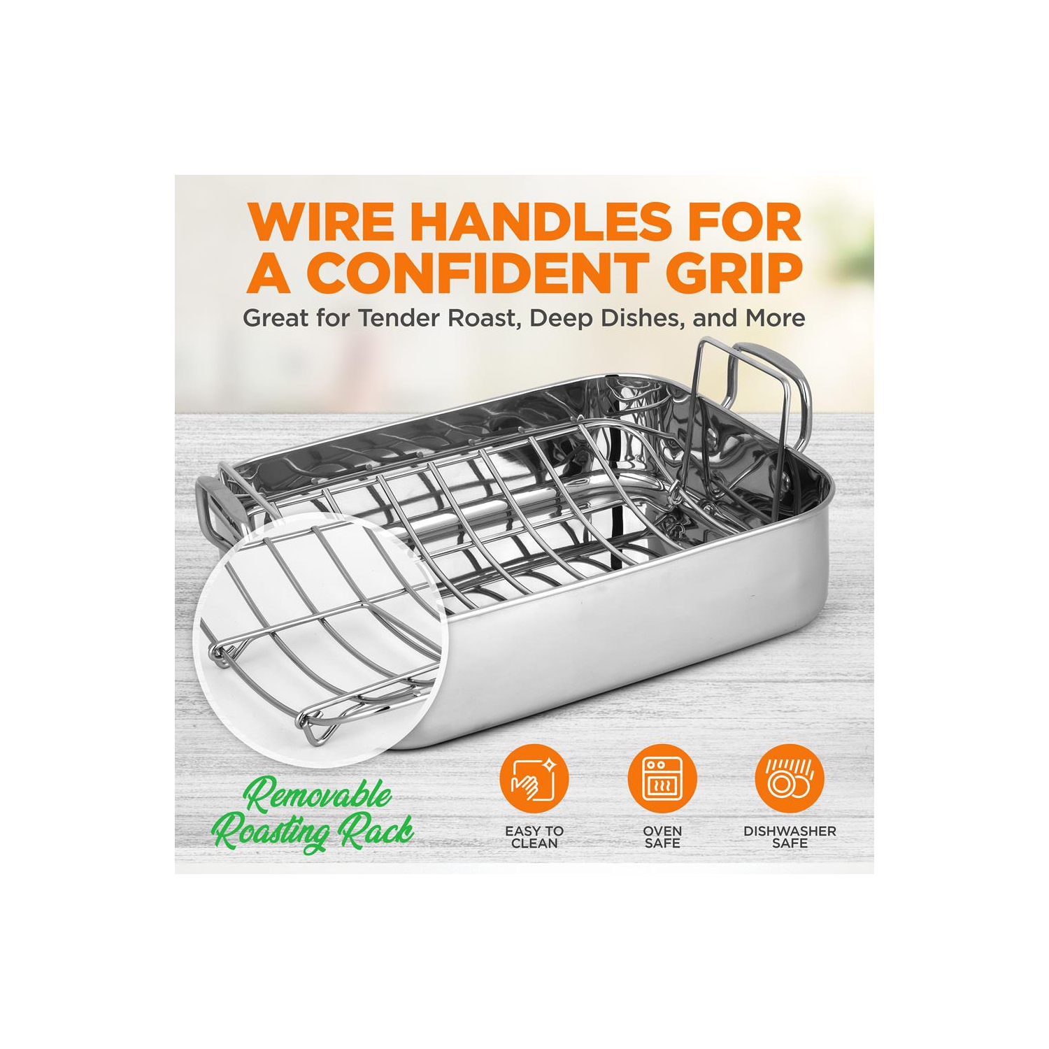 Plat à rôtir/rôtissoire avec grille polie et poignée en fil métallique