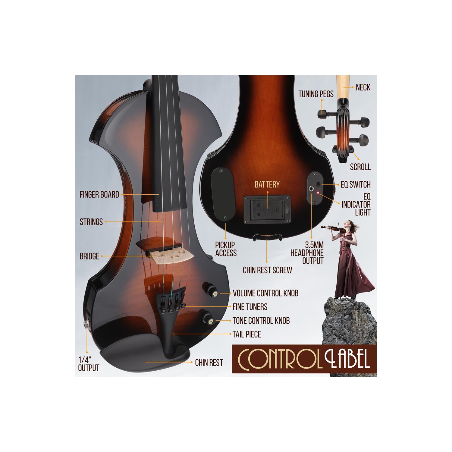 Instrument à cordes de violon en contreplaqué électrique - violon de qualité étudiante avec trousse d'accessoires incluse