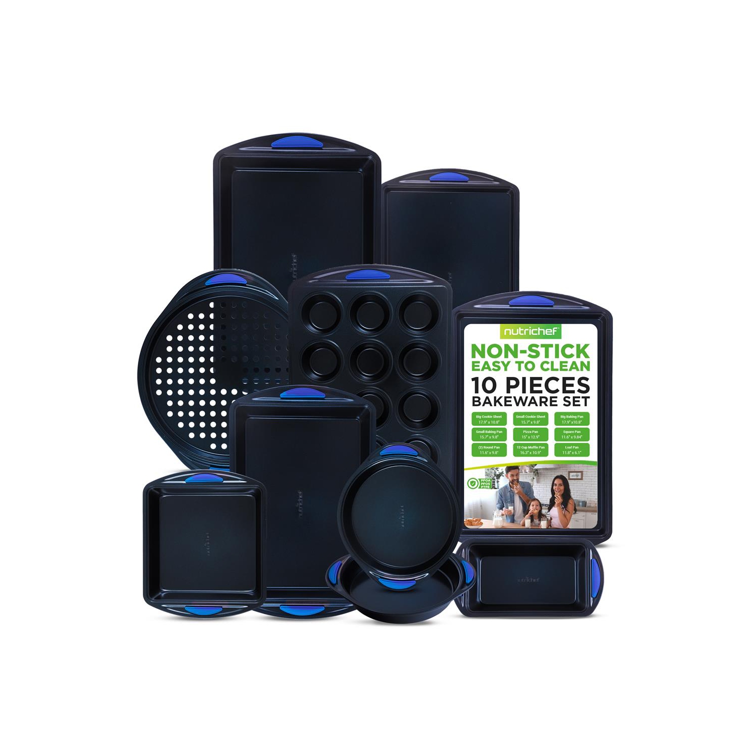 Kitchen Oven Baking Pans - Deluxe Nonstick Blue Diamond Coating Inside & Outside Carbon Steel Bakeware Set With Red Silicone Handles