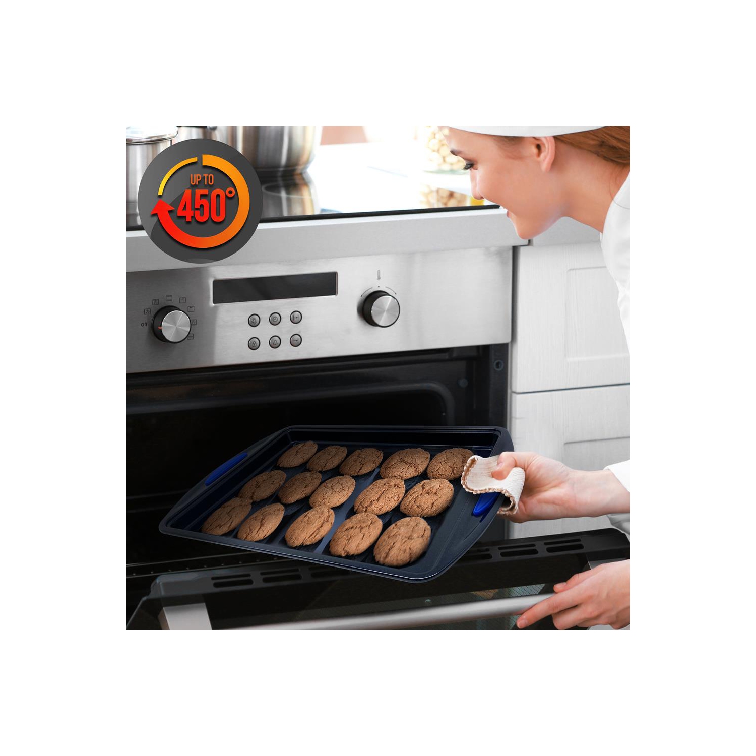 Kitchen Oven Baking Pans - Deluxe Nonstick Blue Diamond Coating Inside & Outside Carbon Steel Bakeware Set With Red Silicone Handles