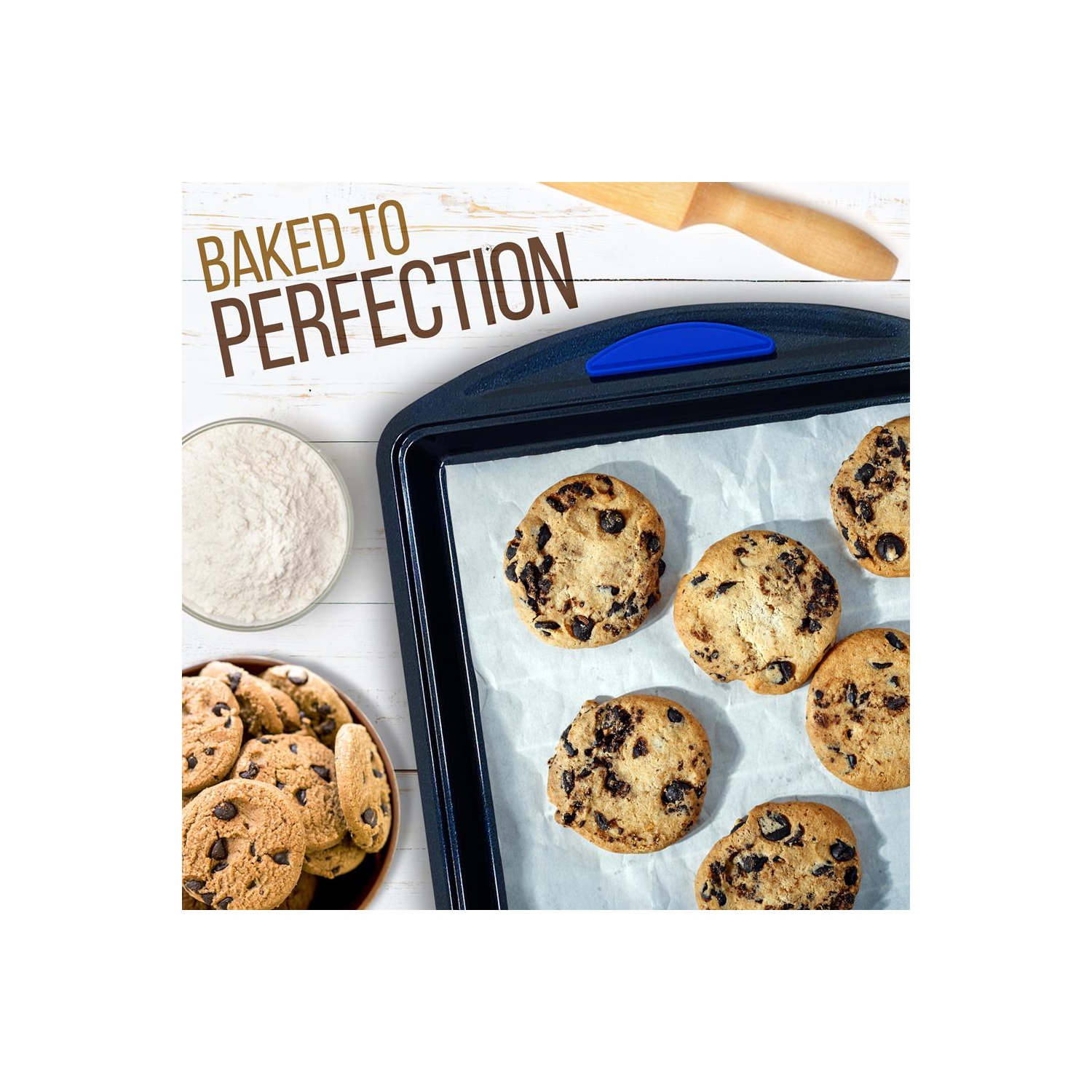 Kitchen Oven Baking Pans - Deluxe Nonstick Blue Diamond Coating Inside & Outside Carbon Steel Bakeware Set With Red Silicone Handles