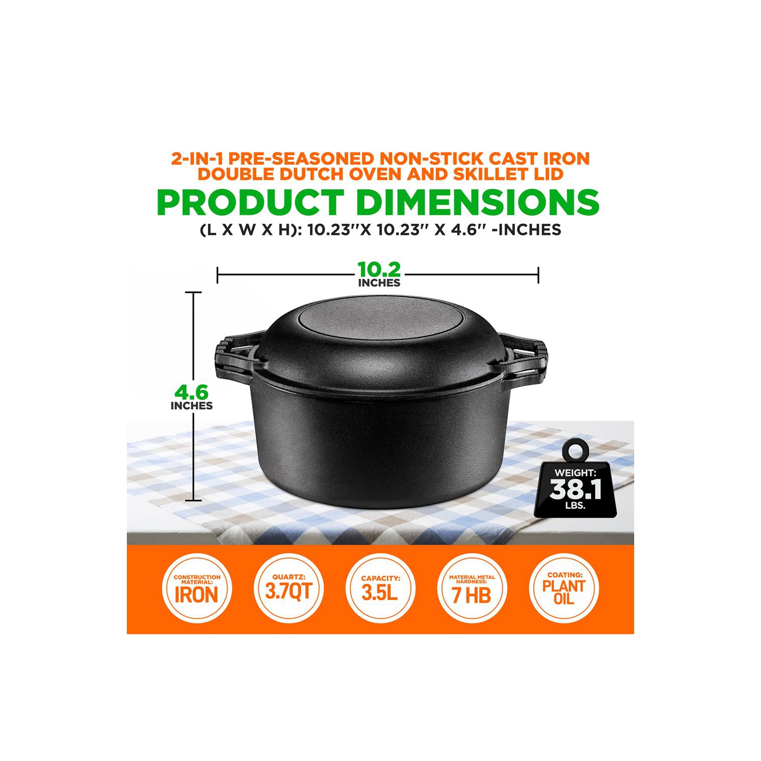 Double faitout en fonte antiadhésive 2-en-1 prépatinée et couvercle de poêle