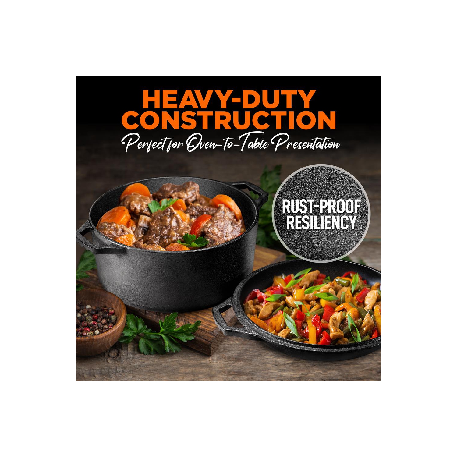 Double faitout en fonte antiadhésive 2-en-1 prépatinée et couvercle de poêle