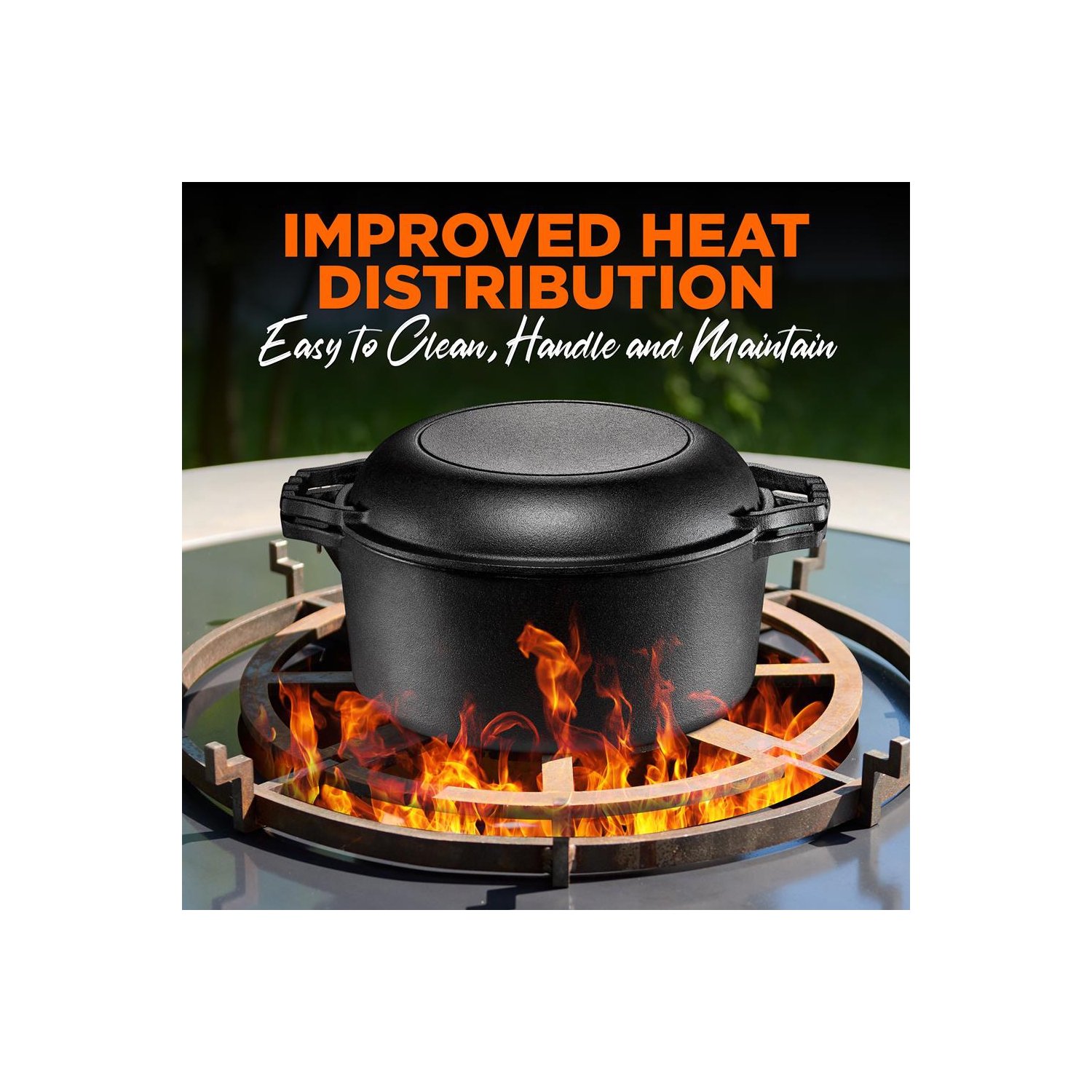 Double faitout en fonte antiadhésive 2-en-1 prépatinée et couvercle de poêle