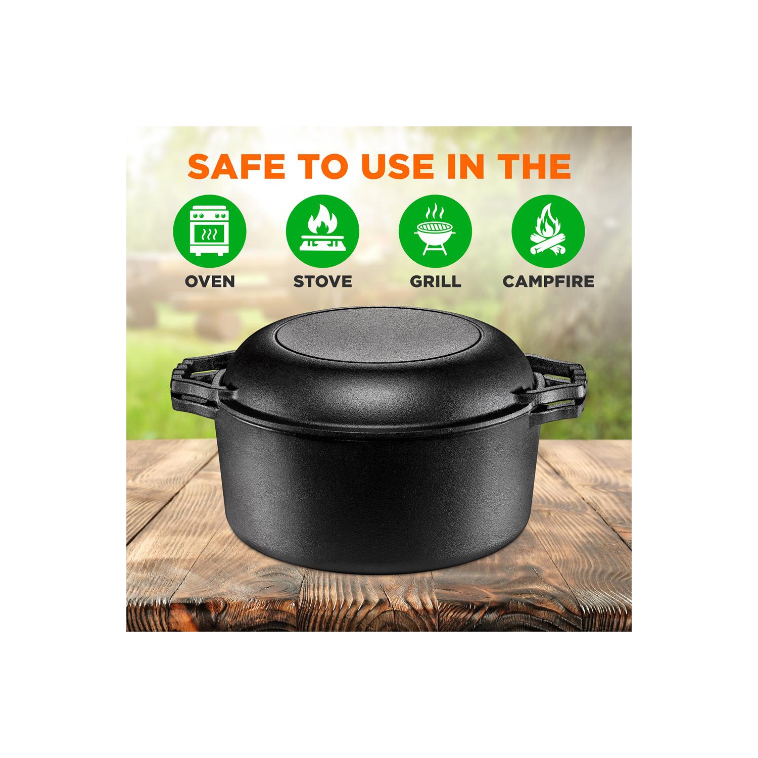 Double faitout en fonte antiadhésive 2-en-1 prépatinée et couvercle de poêle