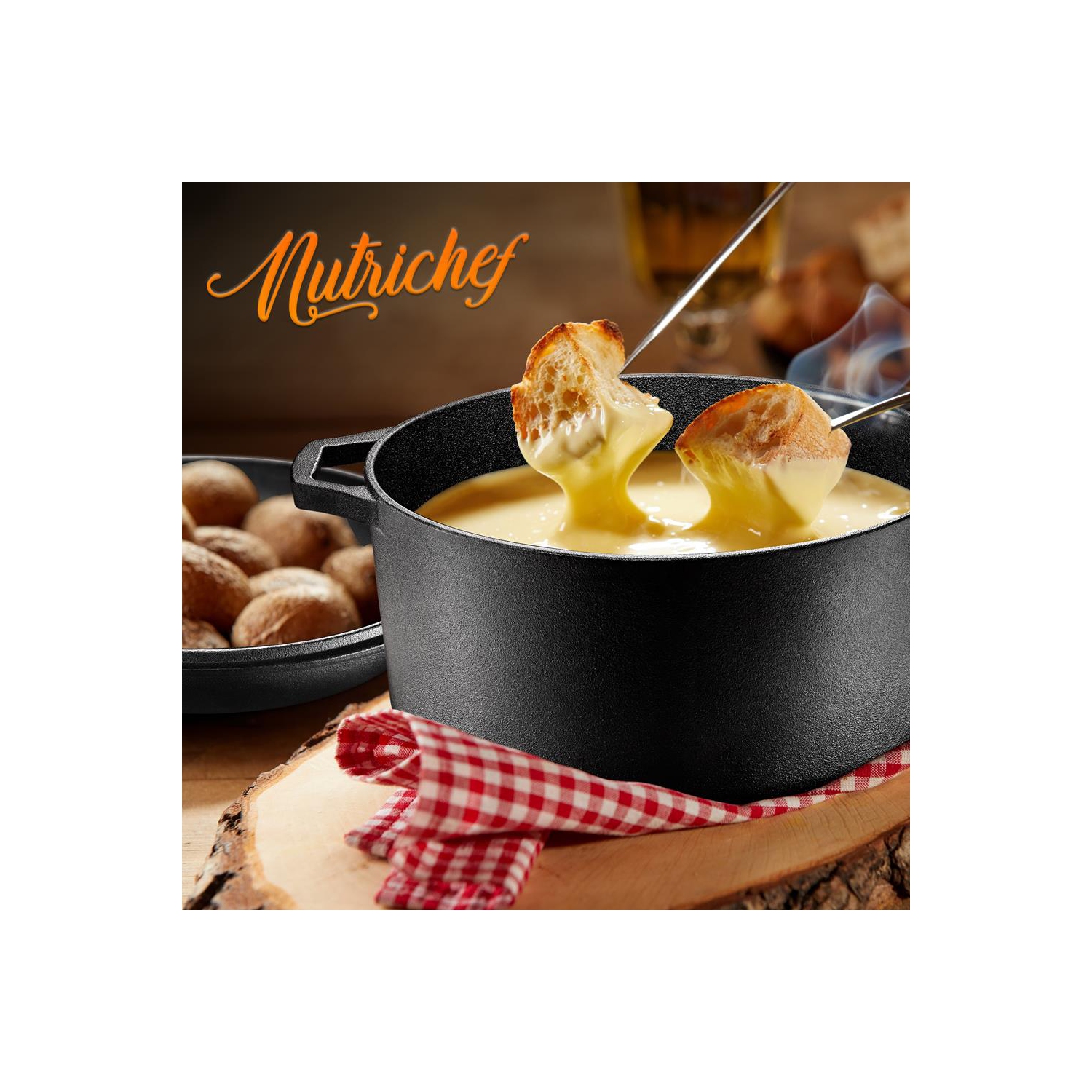 Double faitout en fonte antiadhésive 2-en-1 prépatinée et couvercle de poêle