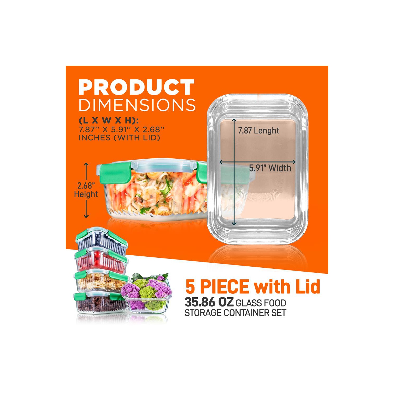 5-Piece Superior Glass Food Storage Containers Set - Stackable Design, Newly BPA-free Airtight Locking lids with Wave Design