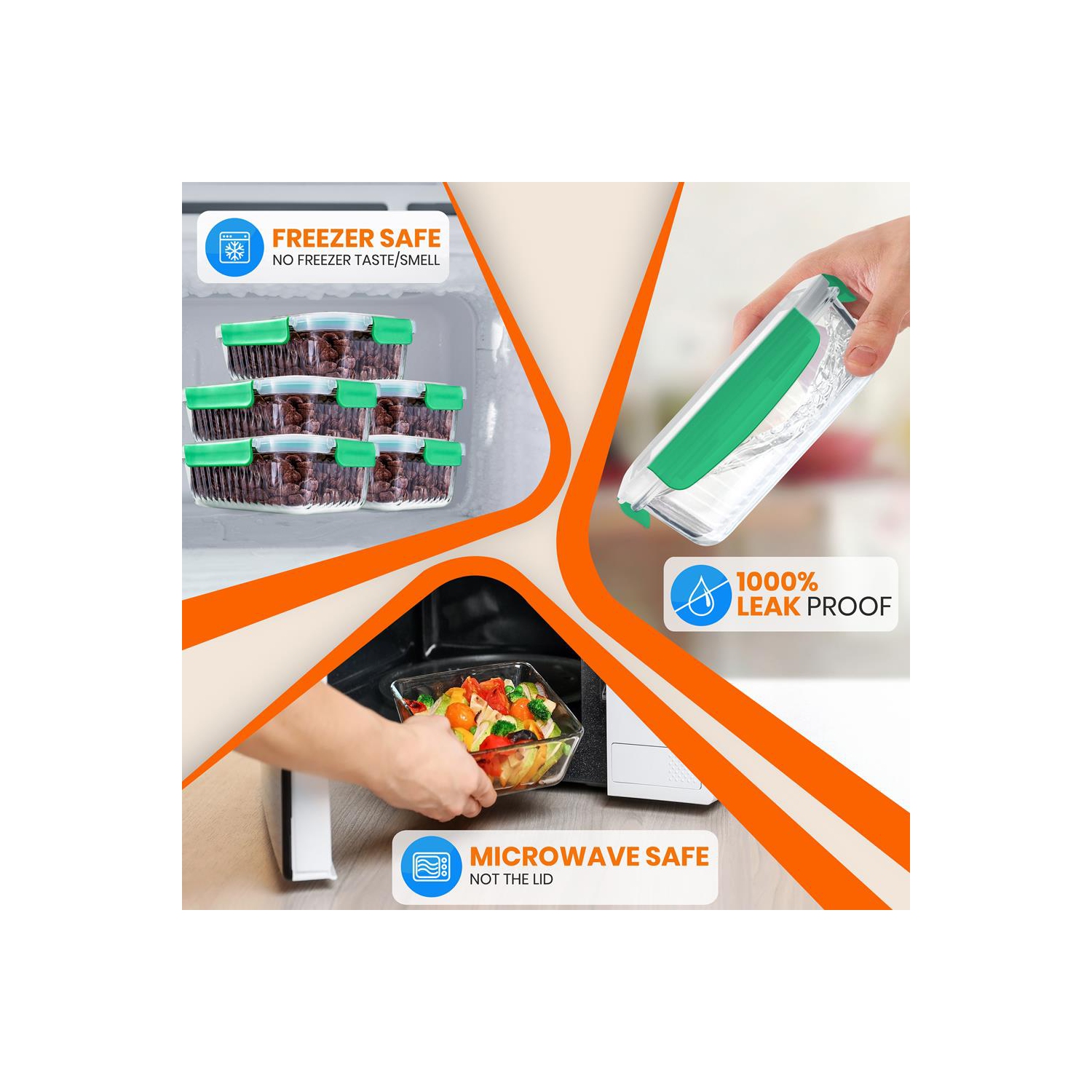 5-Piece Superior Glass Food Storage Containers Set - Stackable Design, Newly BPA-free Airtight Locking lids with Wave Design