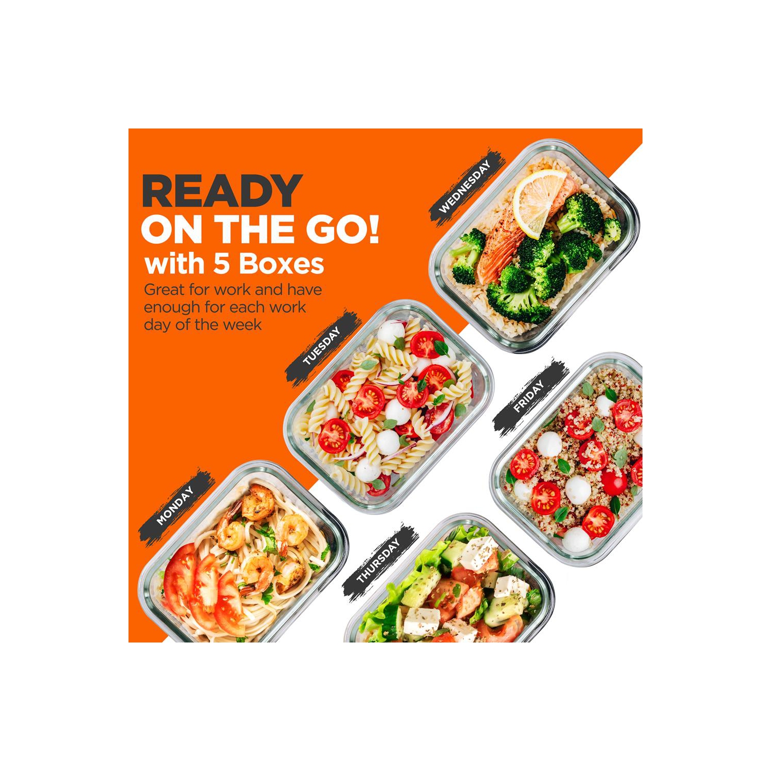 5-Piece Superior Glass Food Storage Containers Set - Stackable Design, Newly BPA-free Airtight Locking lids with Wave Design