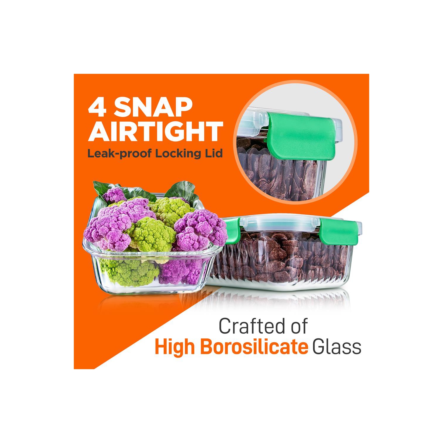 5-Piece Superior Glass Food Storage Containers Set - Stackable Design, Newly BPA-free Airtight Locking lids with Wave Design