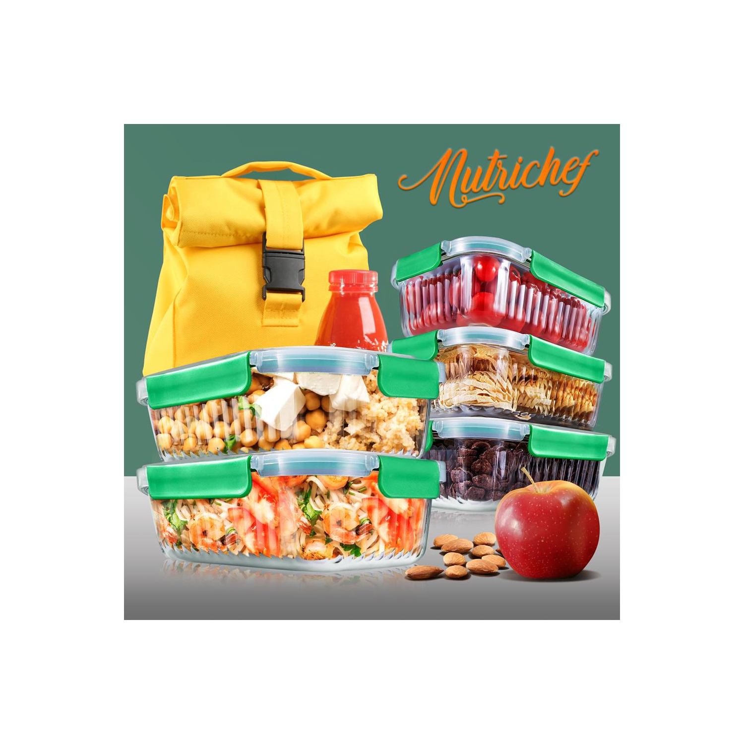 5-Piece Superior Glass Food Storage Containers Set - Stackable Design, Newly BPA-free Airtight Locking lids with Wave Design