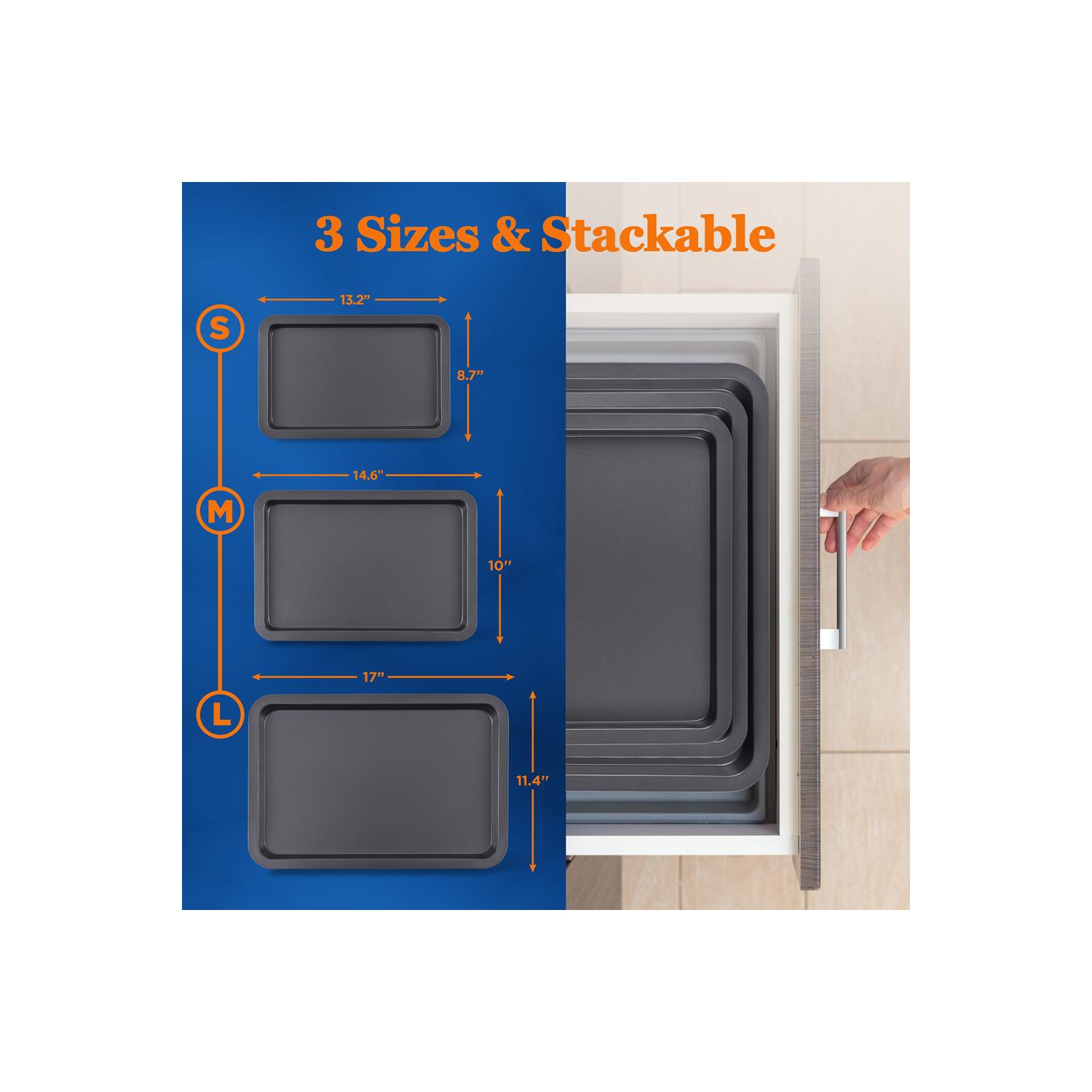 3-Pc. Nonstick Cookie Sheet Baking Pan - Professional Quality Kitchen Cooking Non-Stick Bake Trays with Black Coating Inside & Outside
