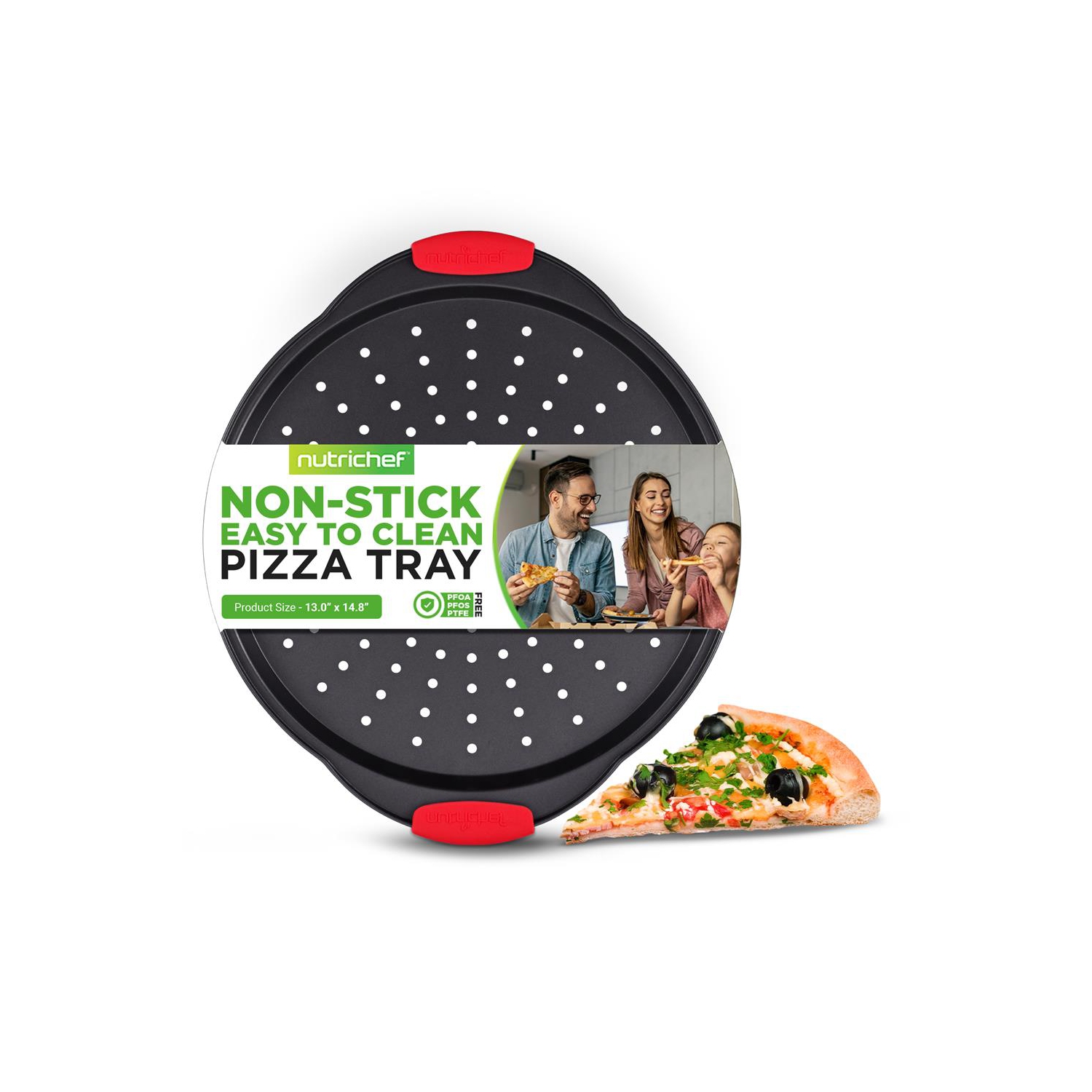 Non-Stick Pizza Tray with Silicone Handle - Round Steel Non-stick Pan with Perforated Holes