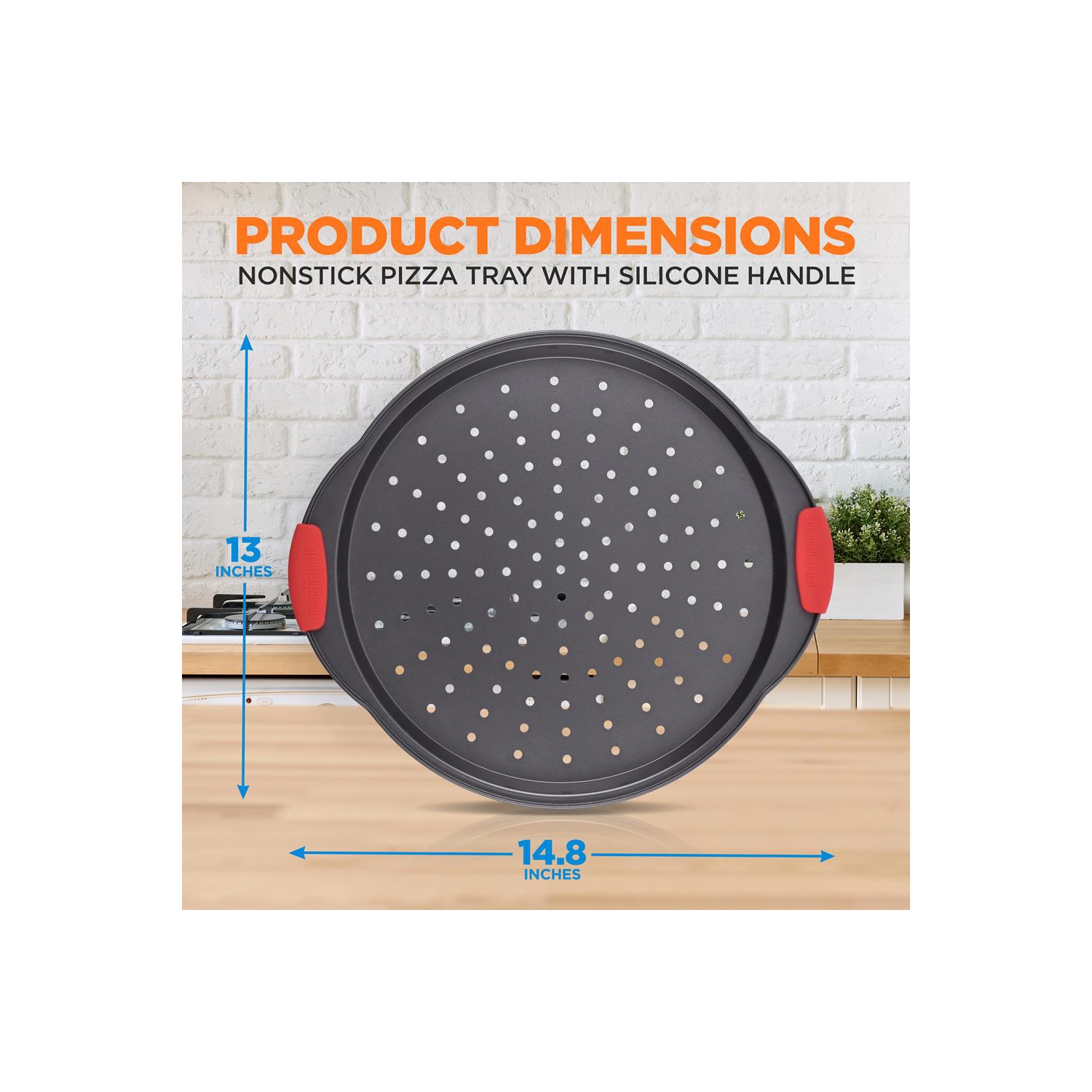 Non-Stick Pizza Tray with Silicone Handle - Round Steel Non-stick Pan with Perforated Holes