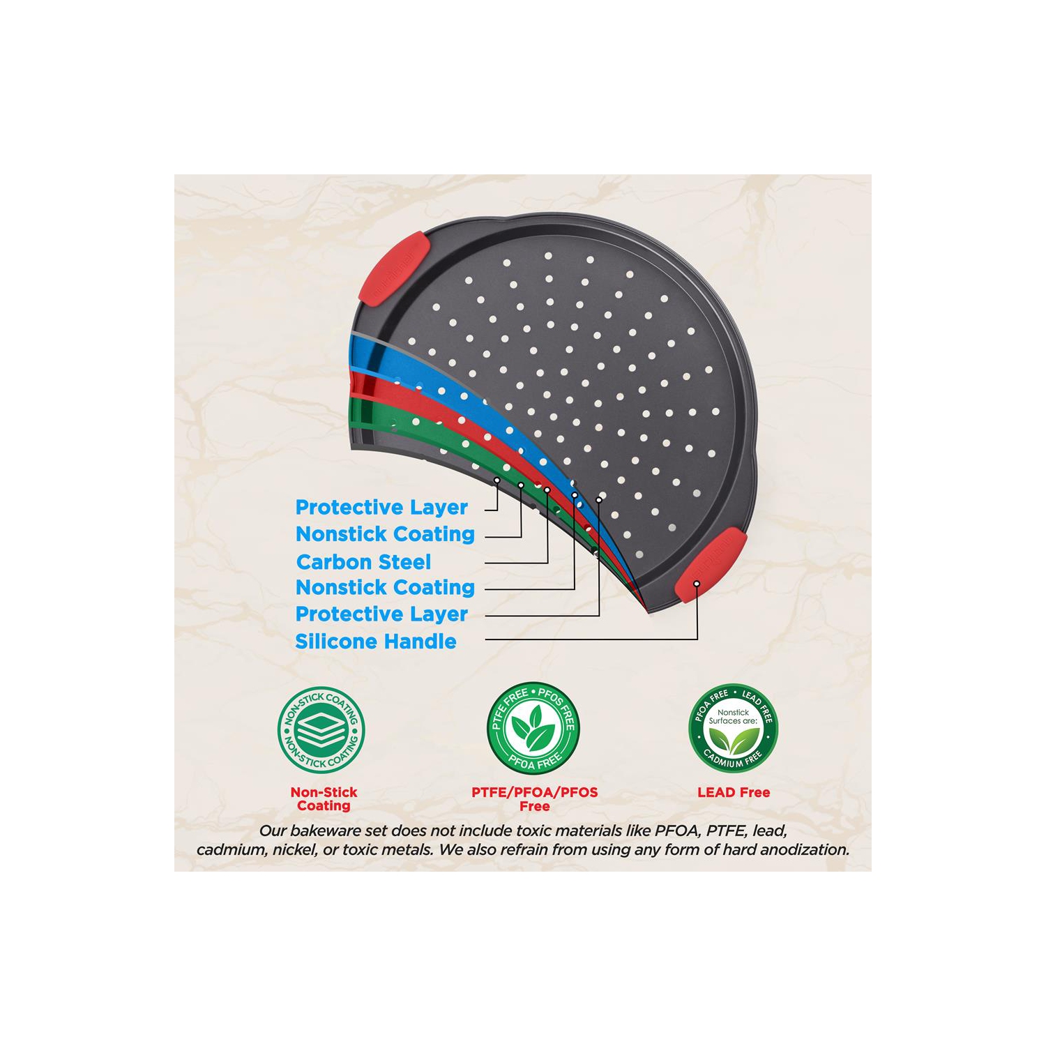 Non-Stick Pizza Tray with Silicone Handle - Round Steel Non-stick Pan with Perforated Holes