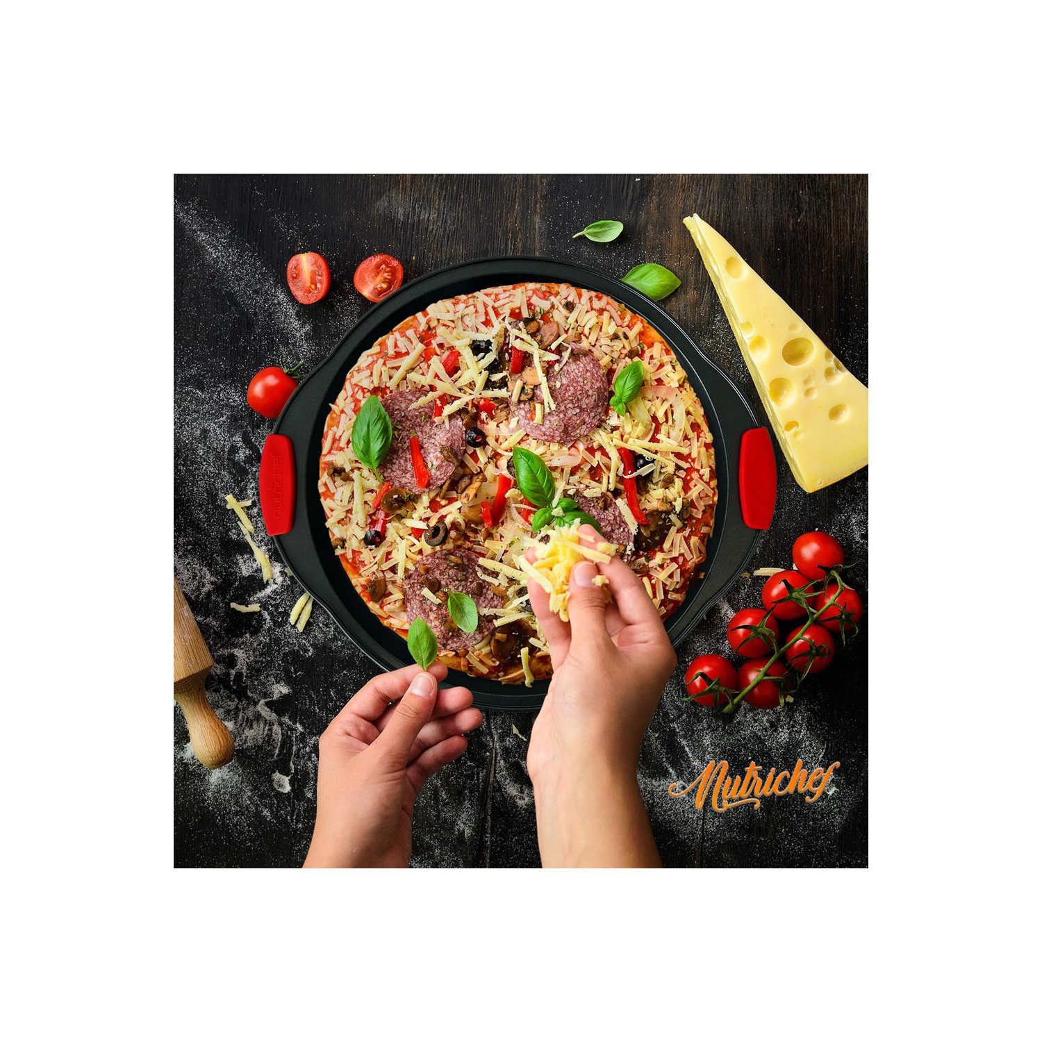 Non-Stick Pizza Tray with Silicone Handle - Round Steel Non-stick Pan with Perforated Holes