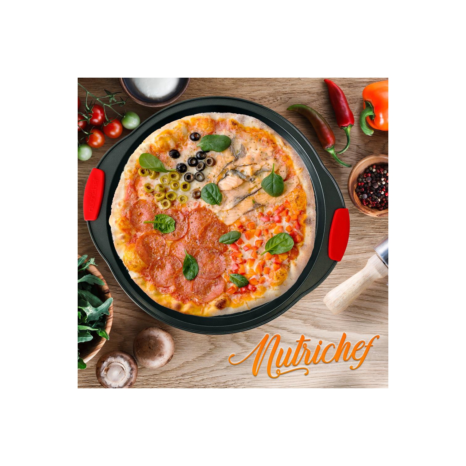 Non-Stick Pizza Tray with Silicone Handle - Round Steel Non-stick Pan with Perforated Holes