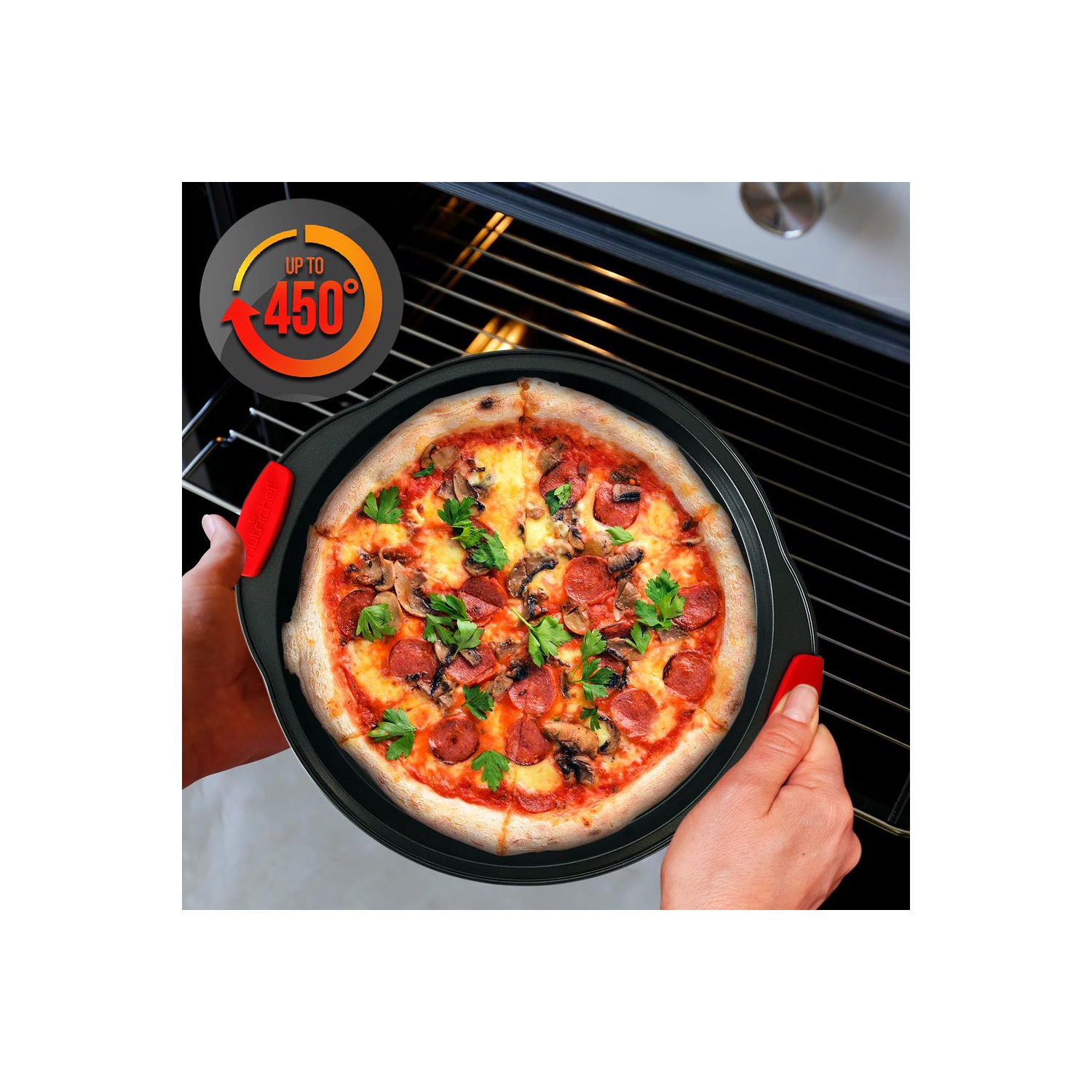 Non-Stick Pizza Tray with Silicone Handle - Round Steel Non-stick Pan with Perforated Holes
