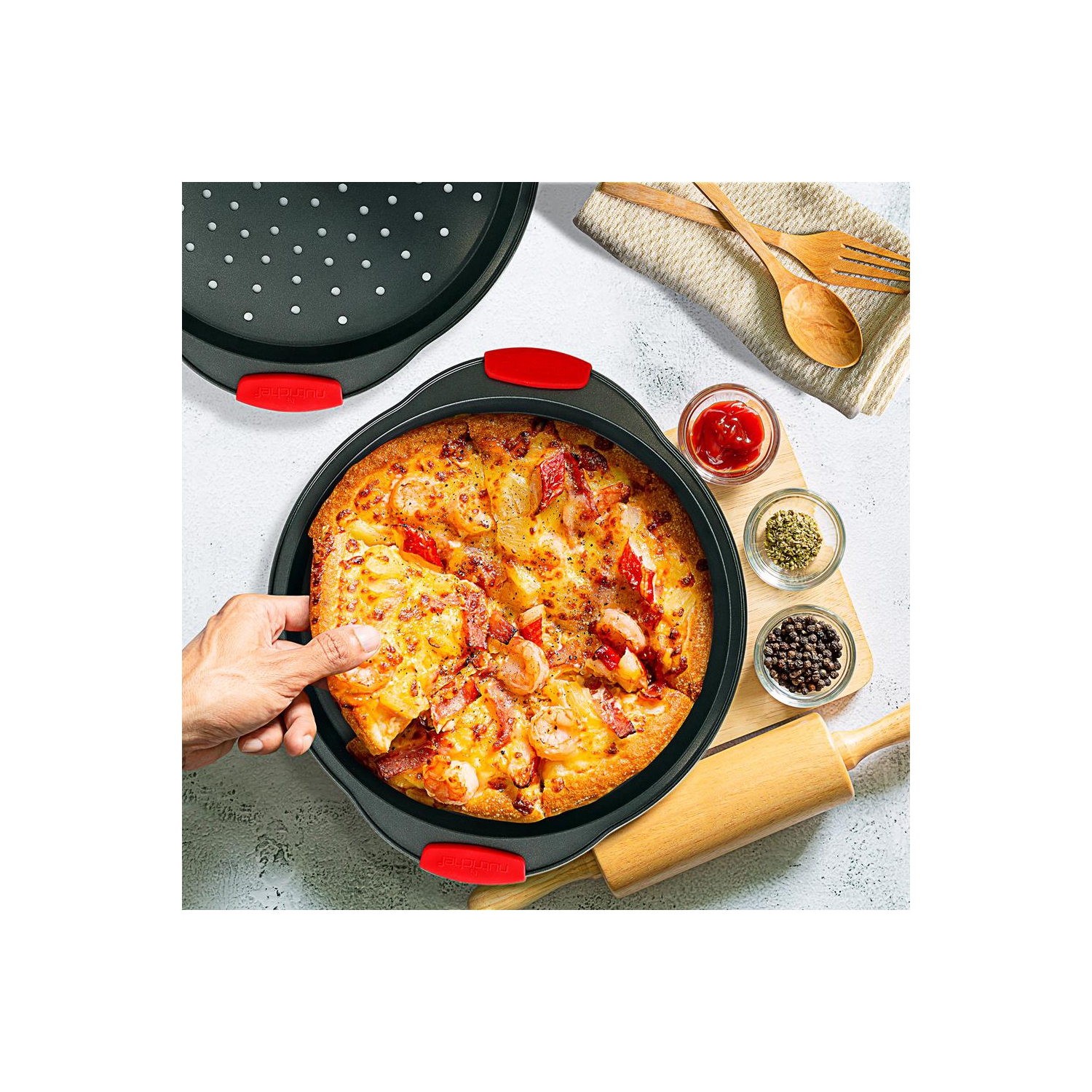 2-PC. Plaque à pizza antiadhésive avec poignée en silicone - plaque antiadhésive ronde en acier avec trous perforés