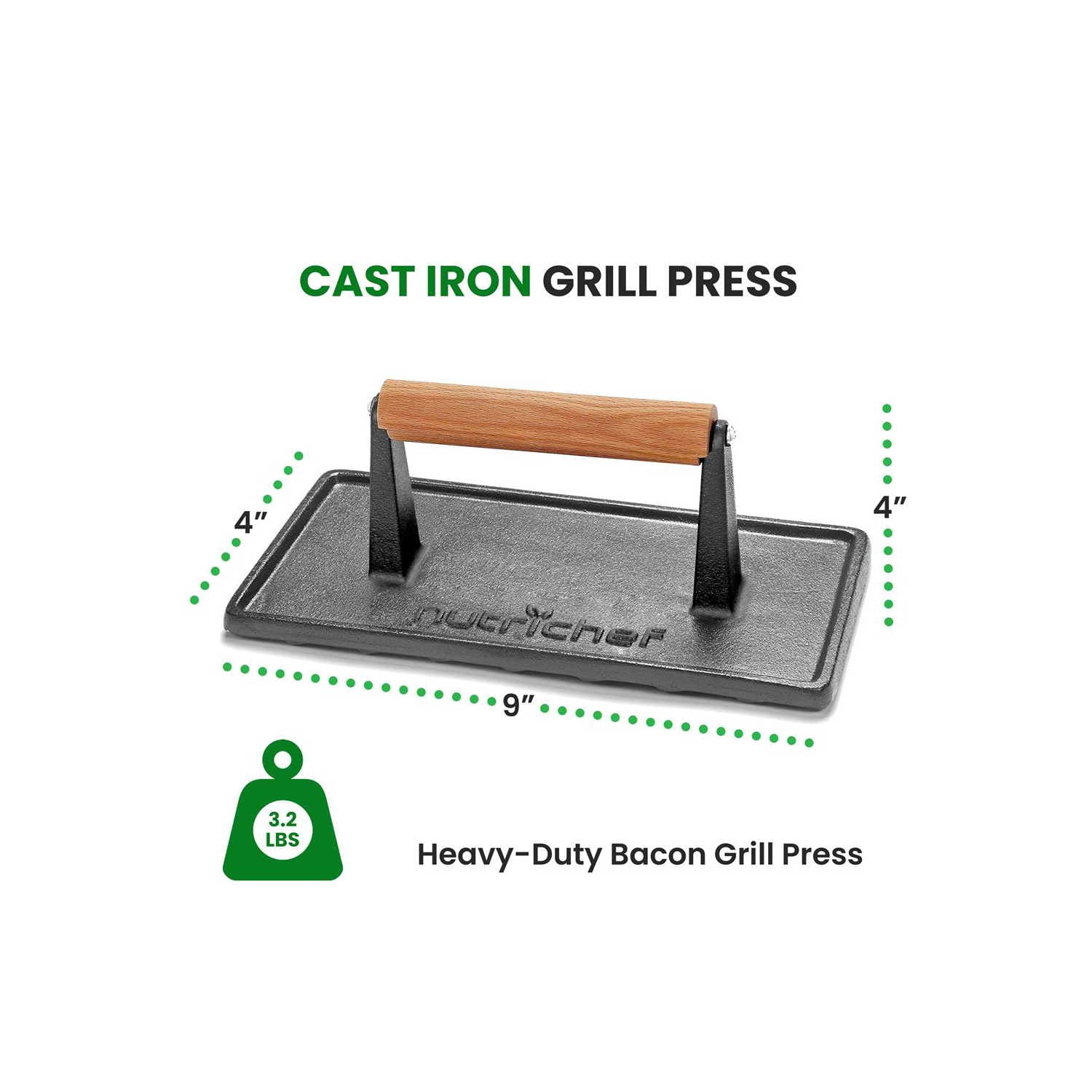 Cast Iron Grill Press - Heavy-Duty Bacon Grill Press with Silicone Handle