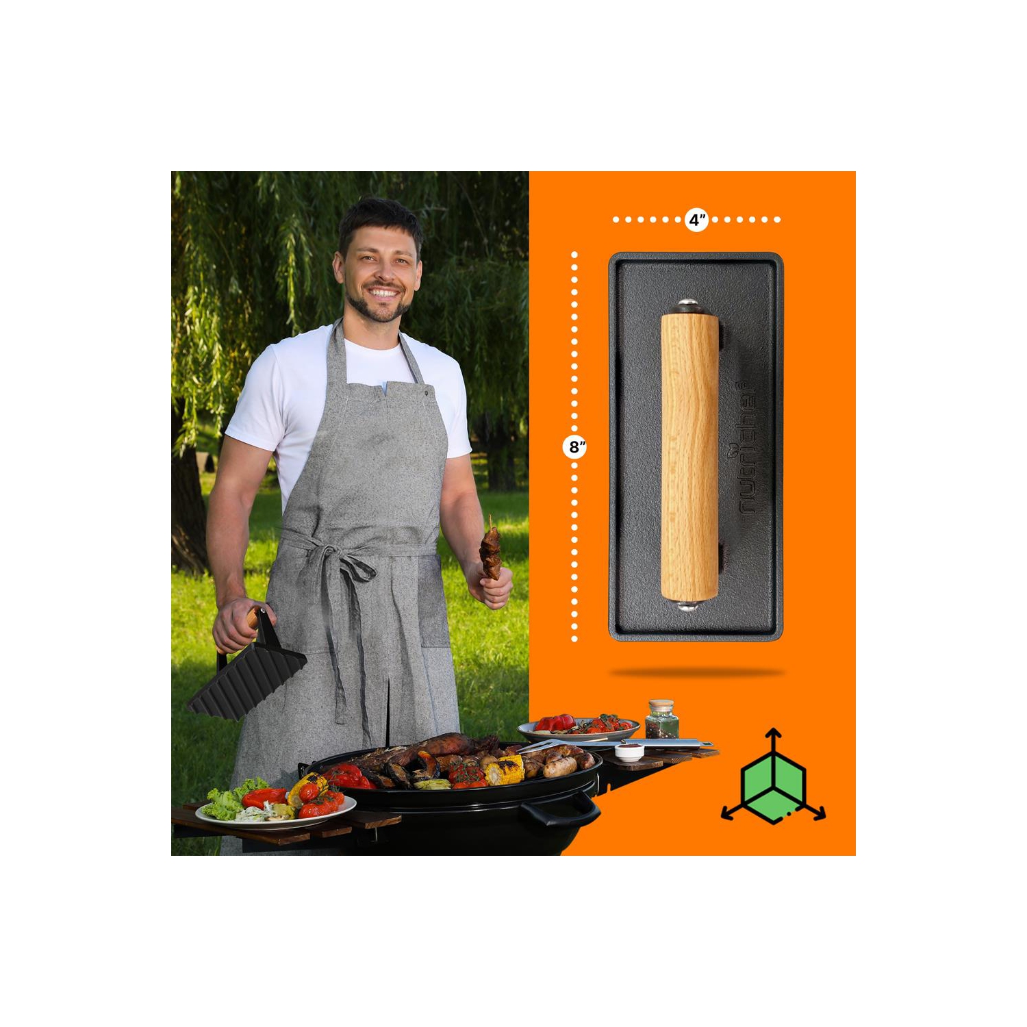 Cast Iron Grill Press - Heavy-Duty Bacon Grill Press with Silicone Handle