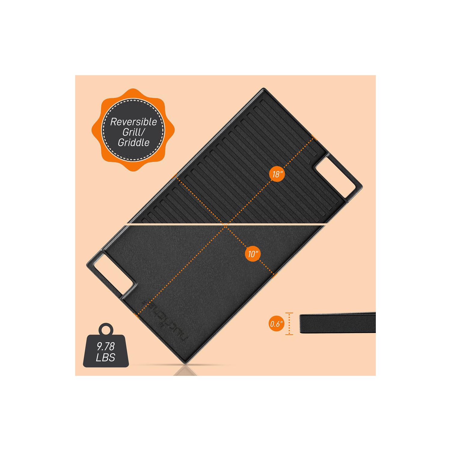 Kitchen Flat Grill Plate Pan - Reversible Cast Iron Griddle / Grilling Pan with Heat-Resistant Oven Grab Mitt