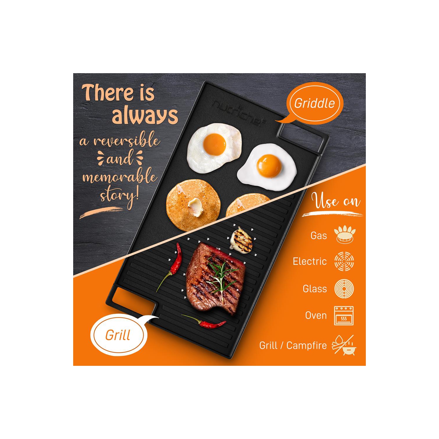 Kitchen Flat Grill Plate Pan - Reversible Cast Iron Griddle / Grilling Pan with Heat-Resistant Oven Grab Mitt