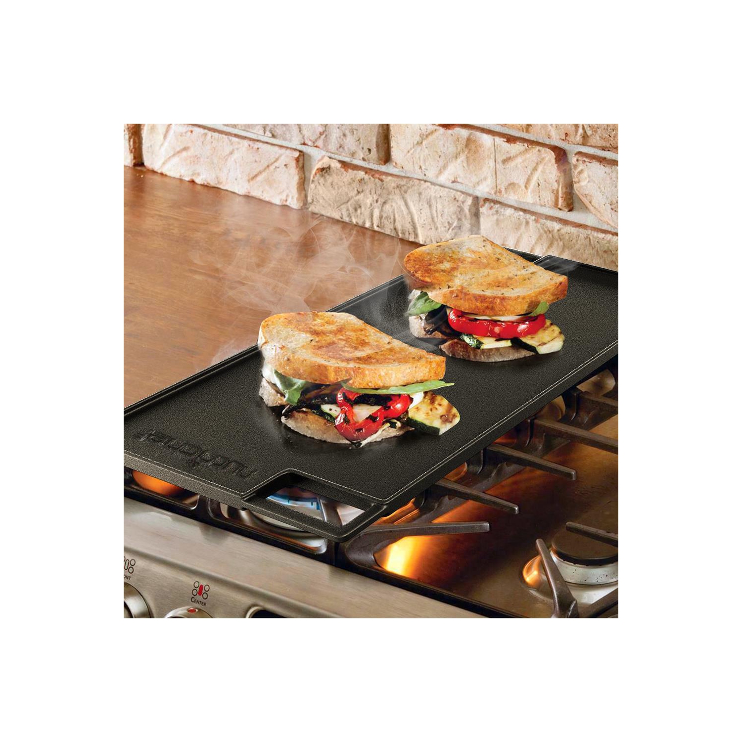 Kitchen Flat Grill Plate Pan - Reversible Cast Iron Griddle / Grilling Pan with Heat-Resistant Oven Grab Mitt