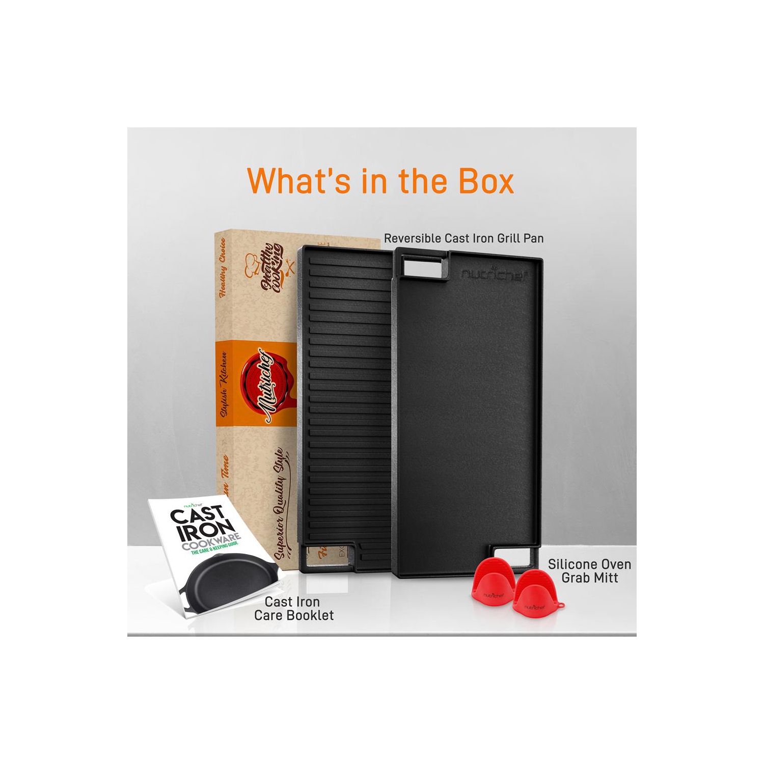 Kitchen Flat Grill Plate Pan - Reversible Cast Iron Griddle / Grilling Pan with Heat-Resistant Oven Grab Mitt