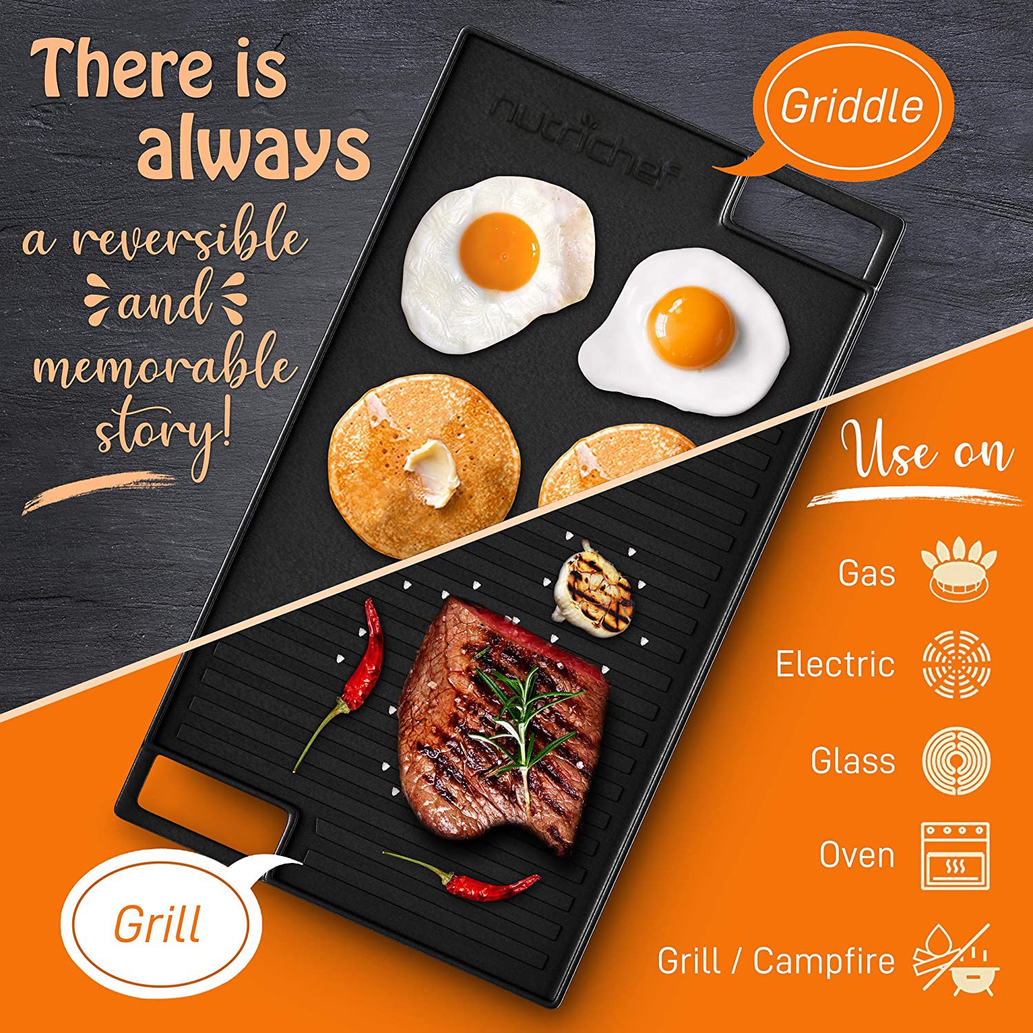 Kitchen Flat Grill Plate Pan - Reversible Cast Iron Griddle / Grilling Pan with Heat-Resistant Oven Grab Mitt