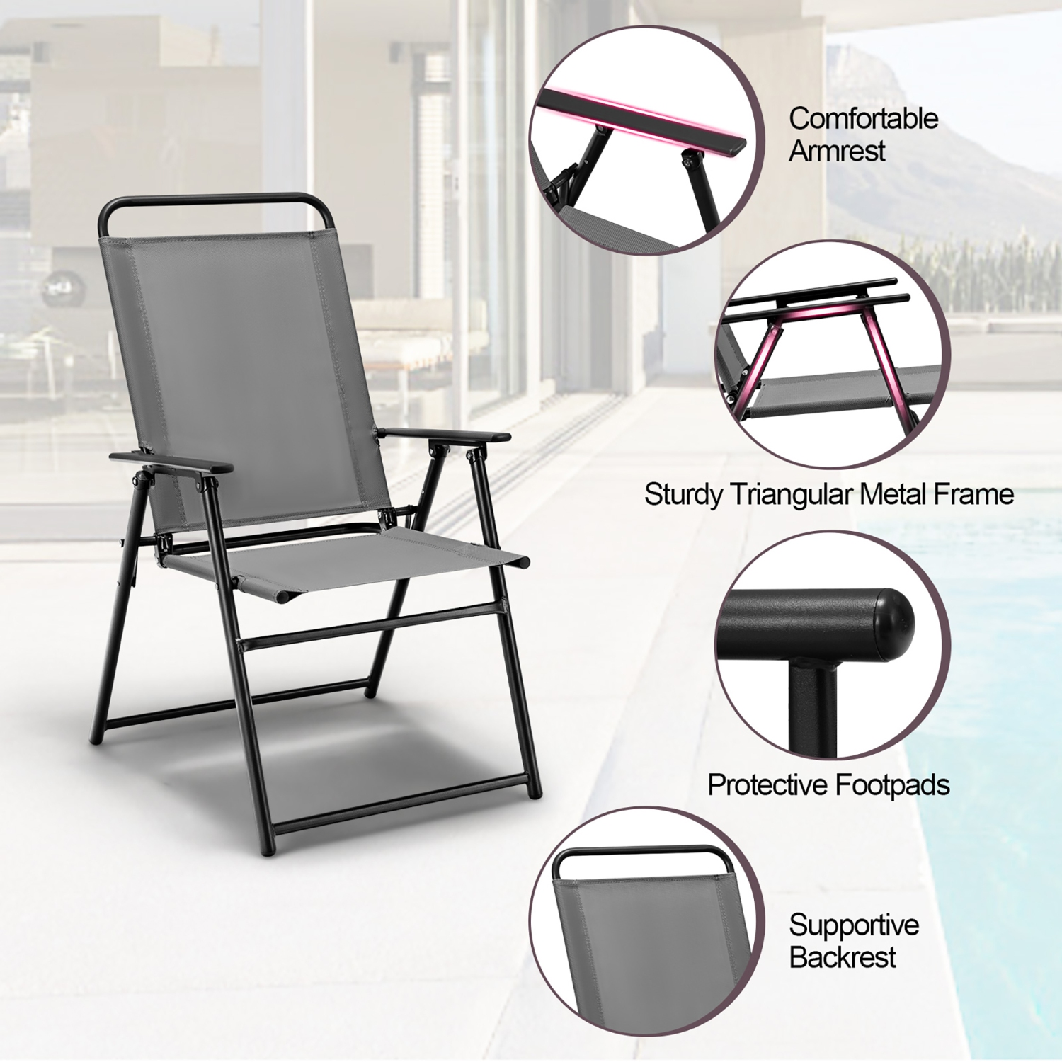 Gymax Set of 4 Folding Sling Chairs Portable chair w/ Dining Armrest Backrest Patio
