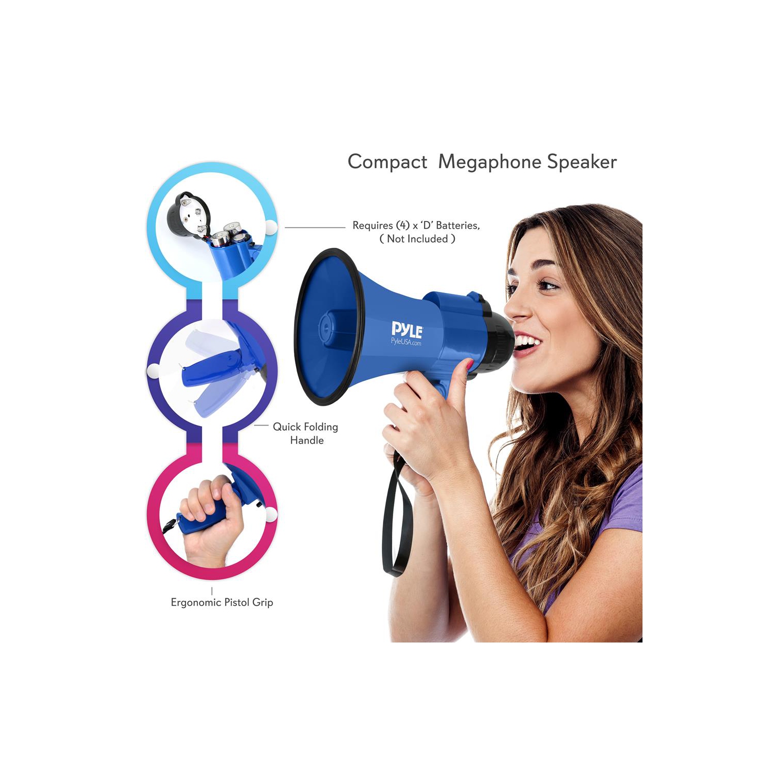 Haut-parleur de mégaphone compact et portatif avec mode alarme de sirène et volume réglable, alimenté par piles